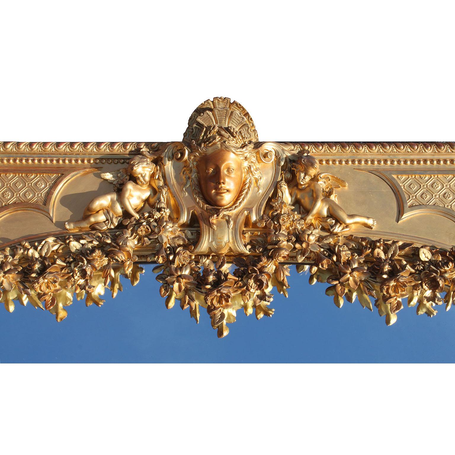 Hand-Carved French 19th Century Louis XV Style Carved Giltwood & Gesso Trumeau Cherub Mirror For Sale
