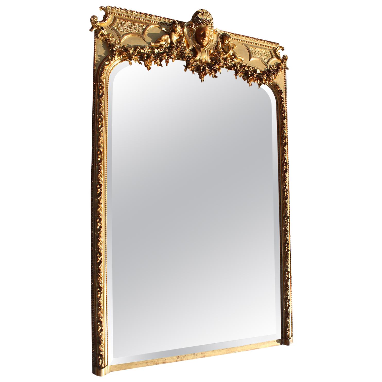 French 19th Century Louis XV Style Carved Giltwood & Gesso Trumeau Cherub Mirror