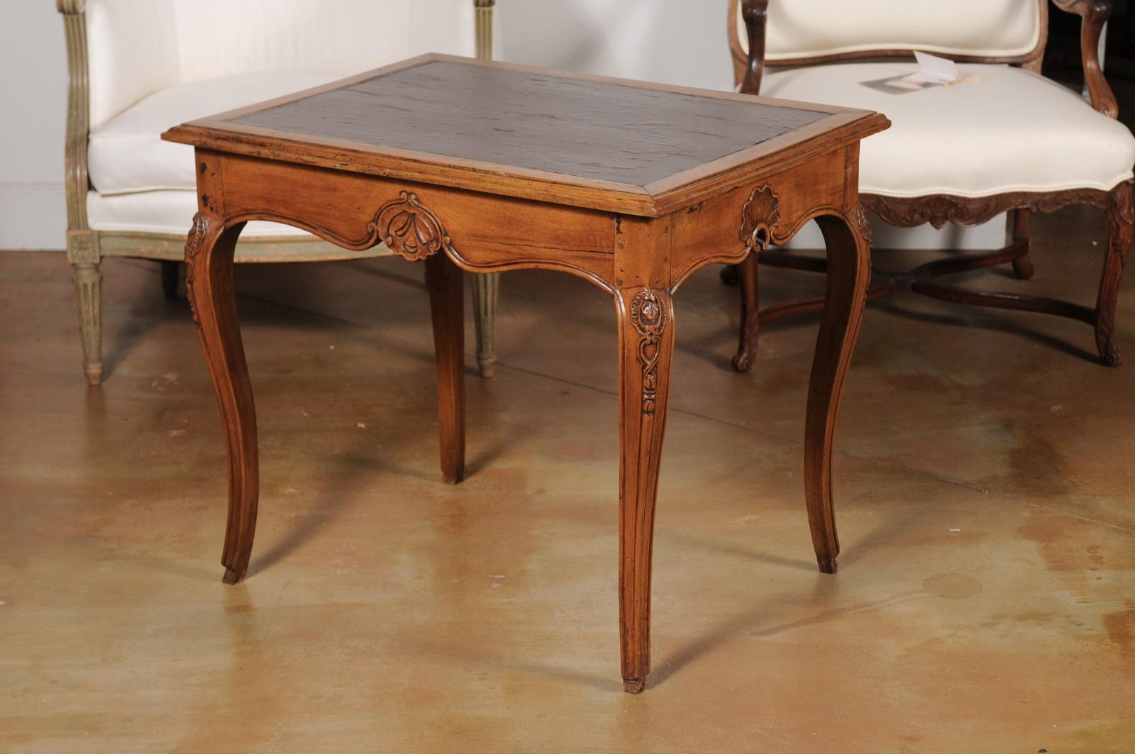 French 19th Century Louis XV Style Carved Walnut Side Table with Leather Top 6