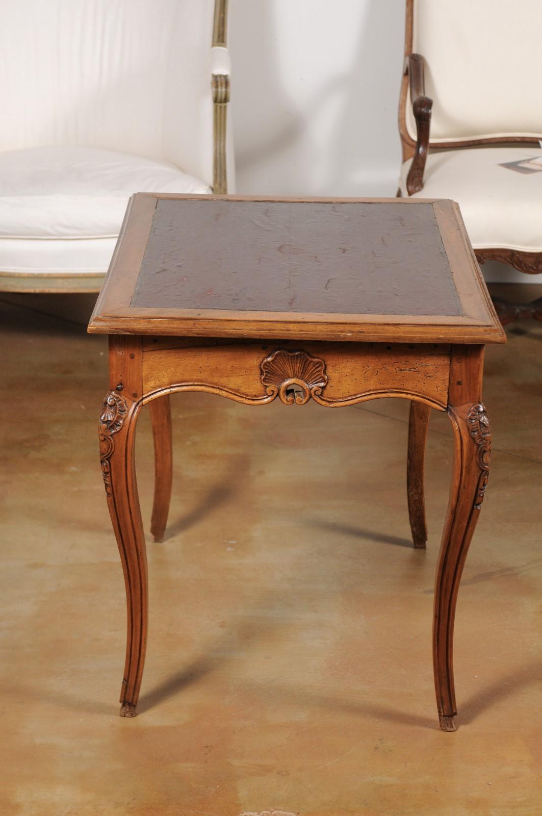 French 19th Century Louis XV Style Carved Walnut Side Table with Leather Top 2