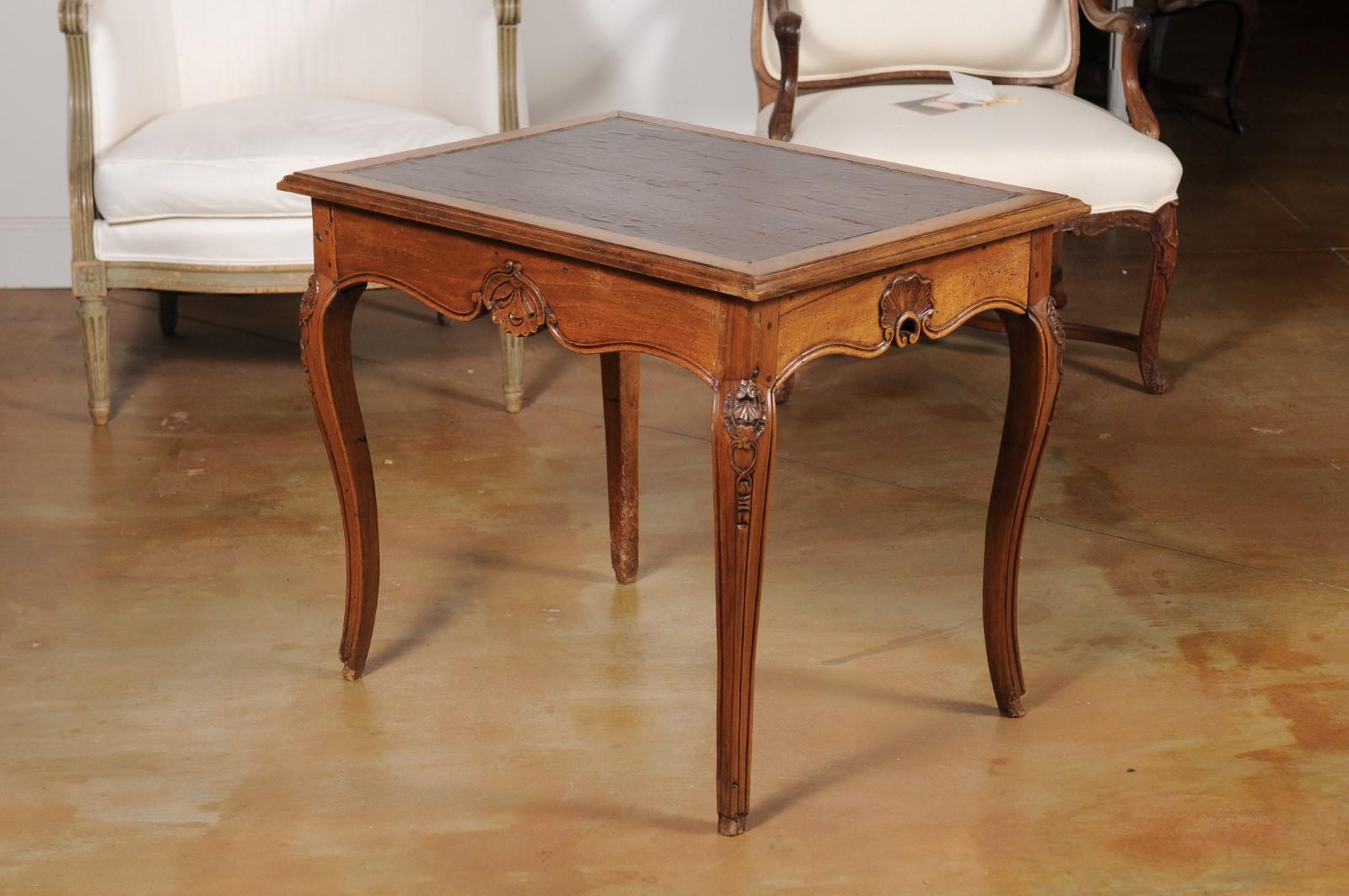 French 19th Century Louis XV Style Carved Walnut Side Table with Leather Top 3