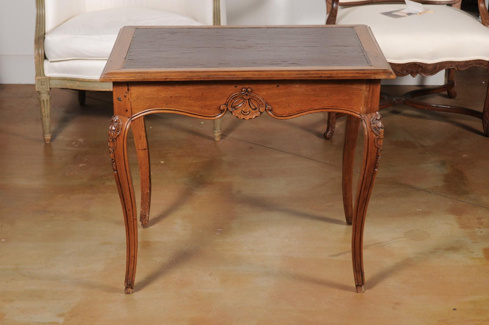 French 19th Century Louis XV Style Carved Walnut Side Table with Leather Top 4