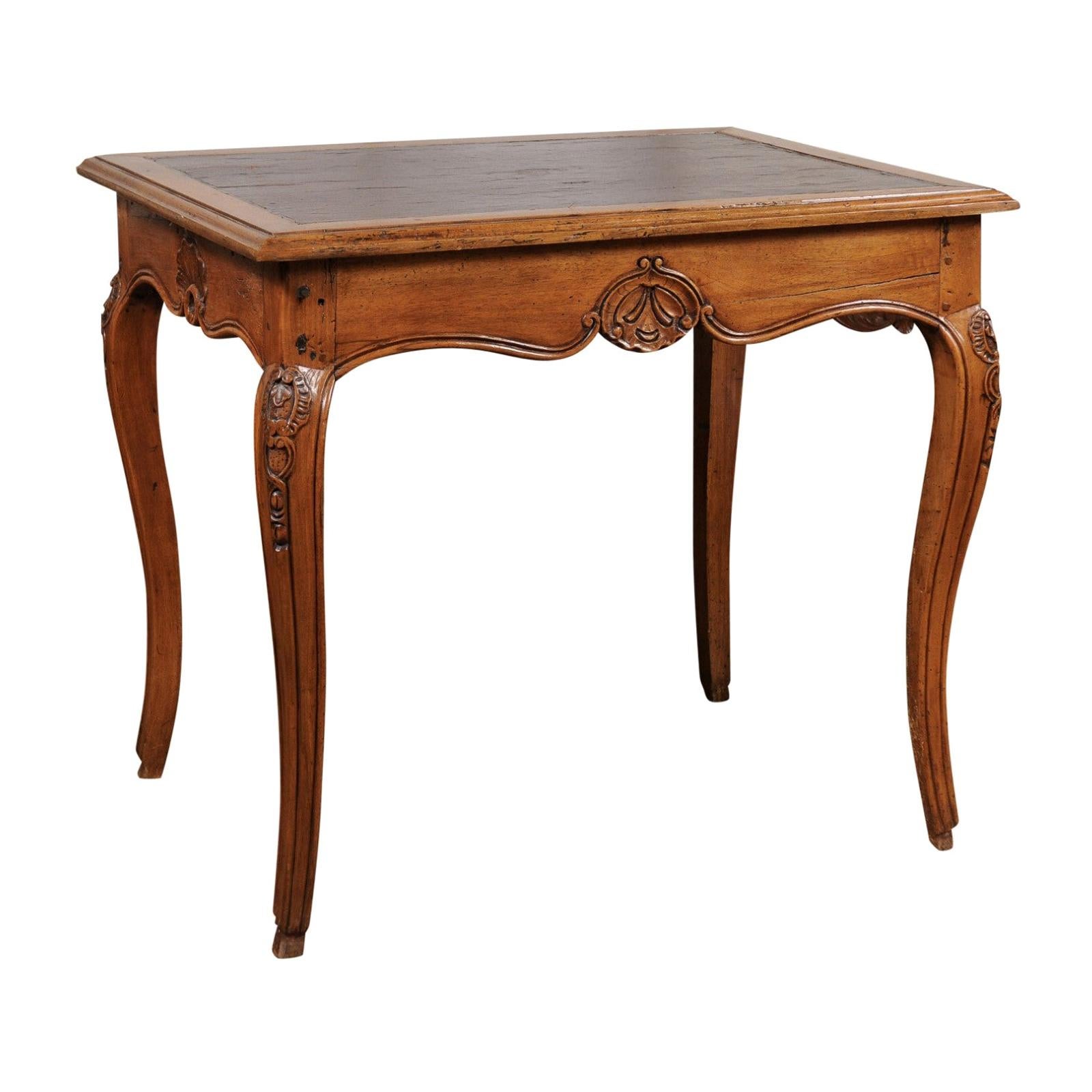 French 19th Century Louis XV Style Carved Walnut Side Table with Leather Top