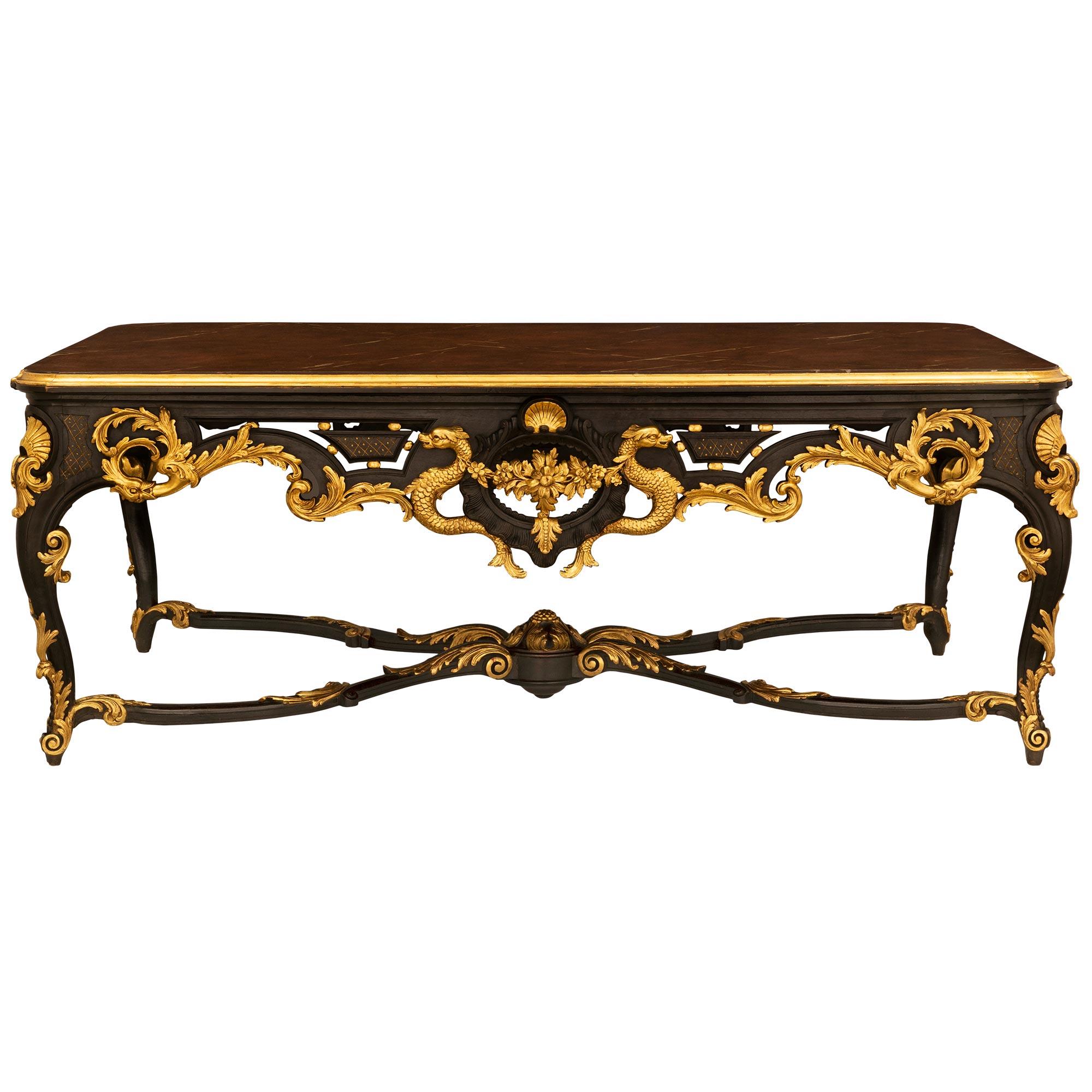 French 19th Century Louis XV Style Ebonized Fruitwood and Giltwood Center Table In Good Condition For Sale In West Palm Beach, FL