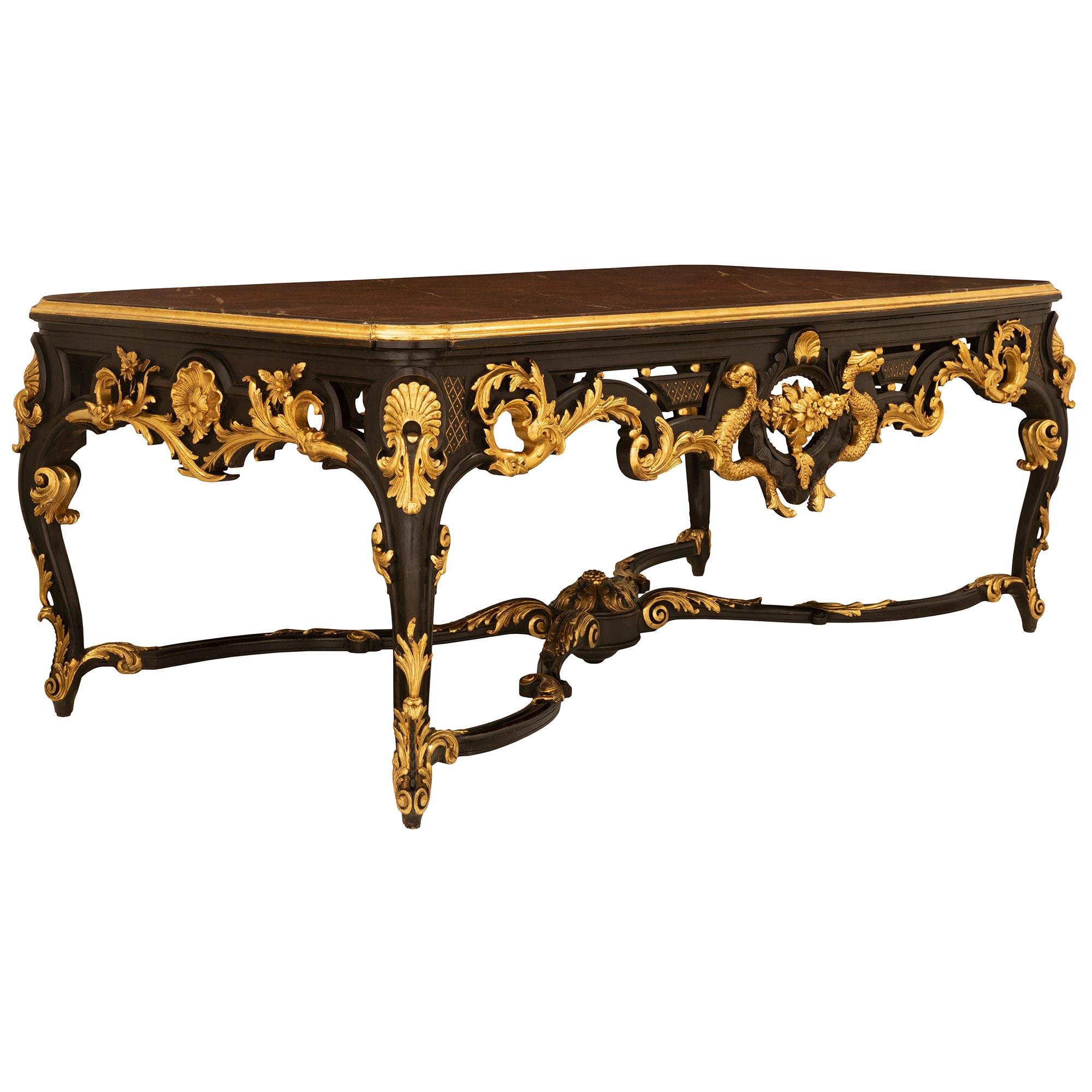 French 19th Century Louis XV Style Ebonized Fruitwood and Giltwood Center Table For Sale 1