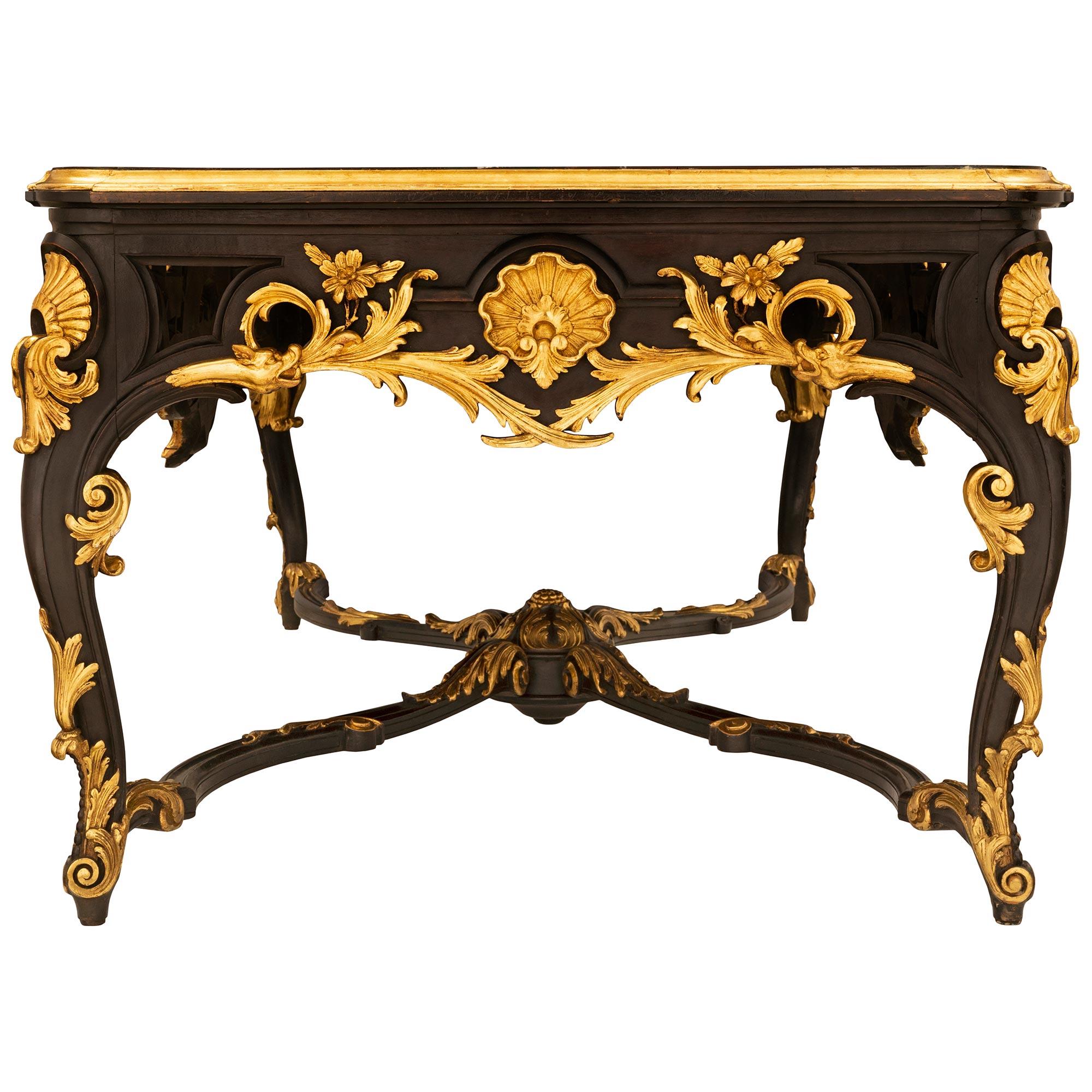 French 19th Century Louis XV Style Ebonized Fruitwood and Giltwood Center Table For Sale 2