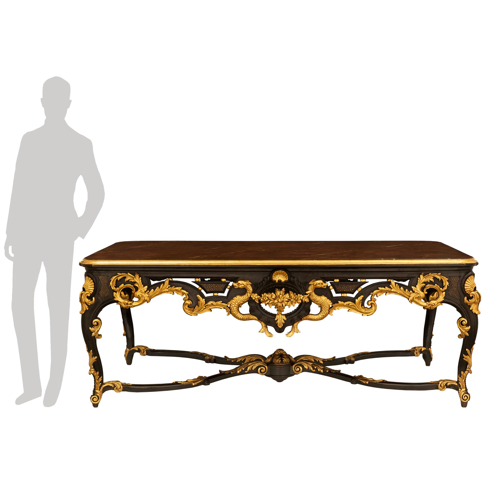 French 19th Century Louis XV Style Ebonized Fruitwood and Giltwood Center Table