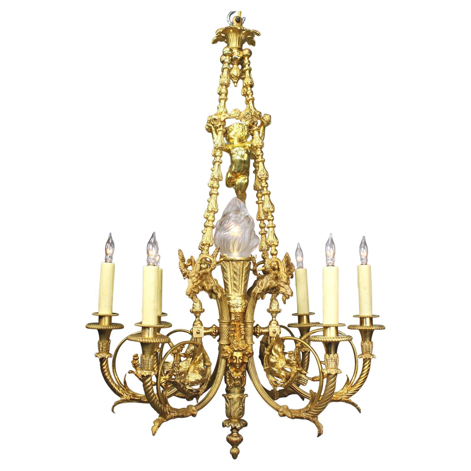 French 19th Century Louis XV Style Gilt Bronze Chandelier After Pierre Gouthière For Sale