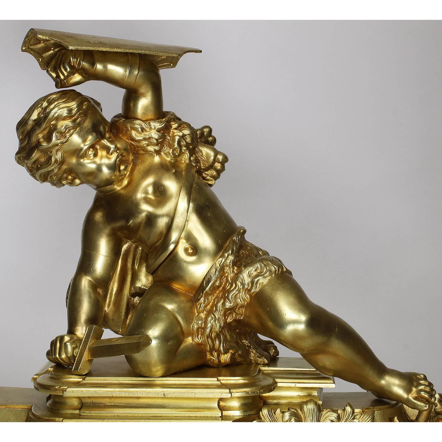French 19th Century Louis XV Style Gilt Bronze Chenet Set with Playful Children For Sale 1