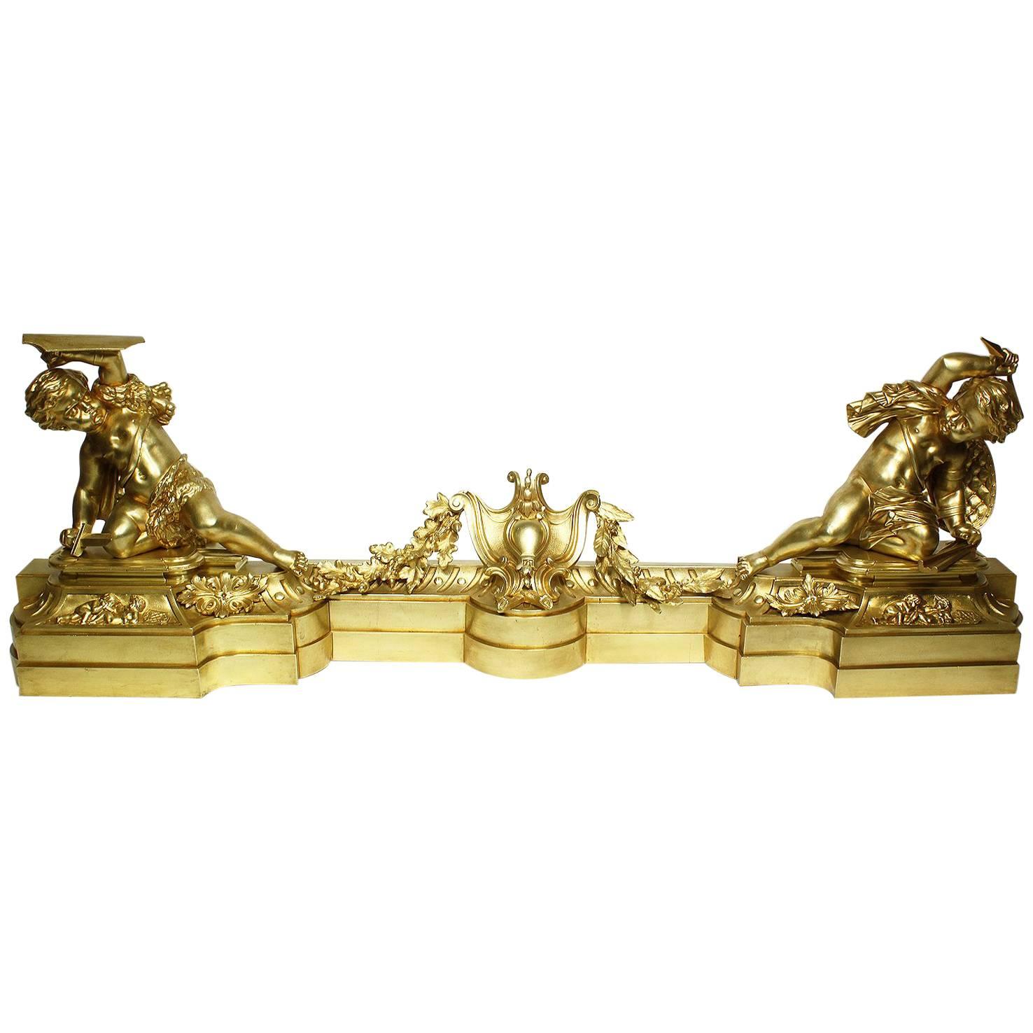 French 19th Century Louis XV Style Gilt Bronze Chenet Set with Playful Children For Sale