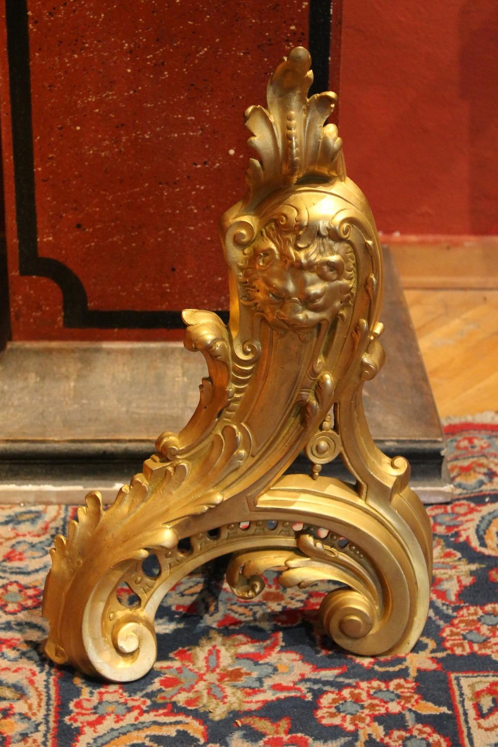 French 19th Century Louis XV Style Gilt Bronze Lions Head Fireplace Andirons For Sale 7