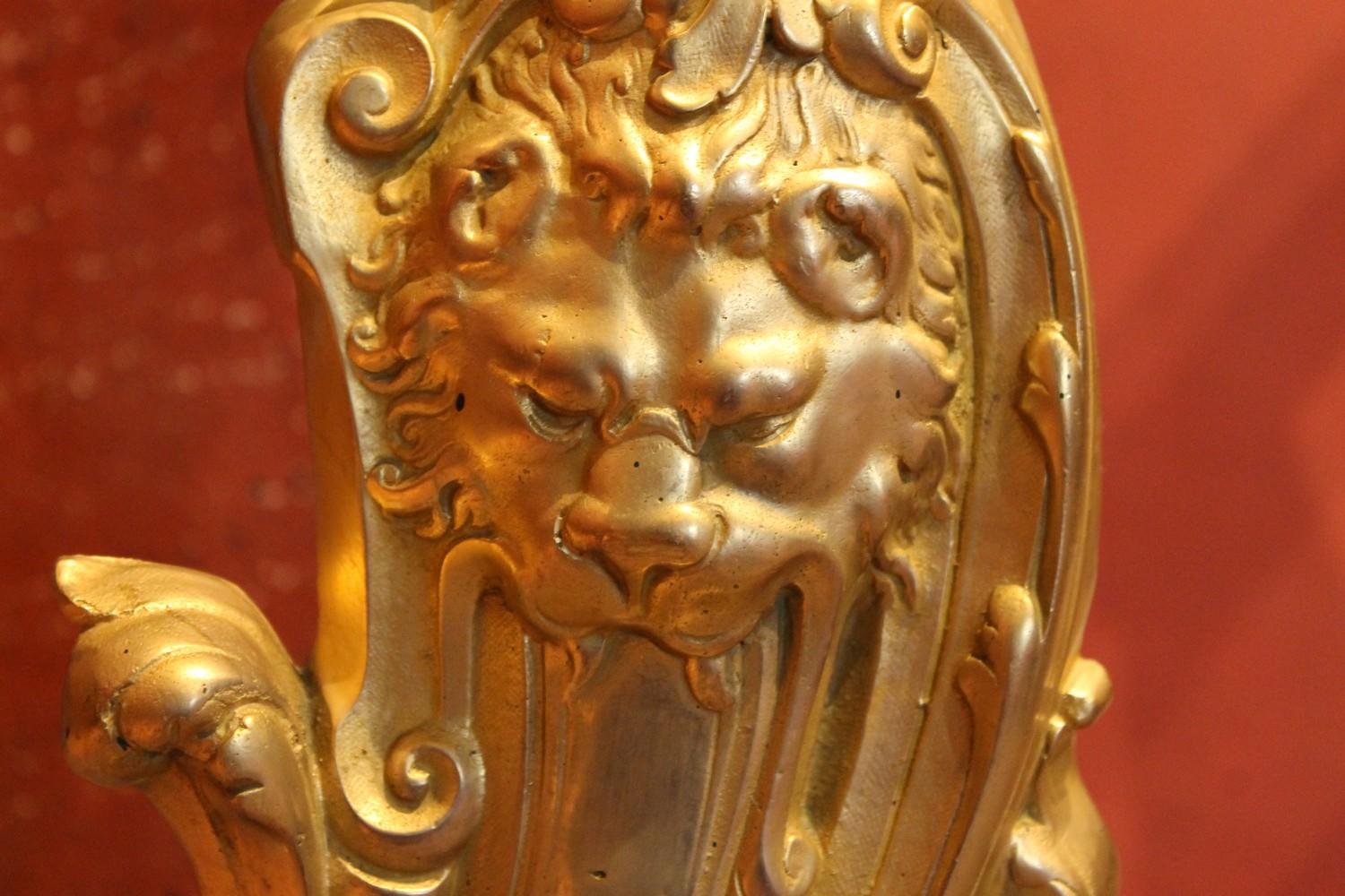 French 19th Century Louis XV Style Gilt Bronze Lions Head Fireplace Andirons For Sale 8