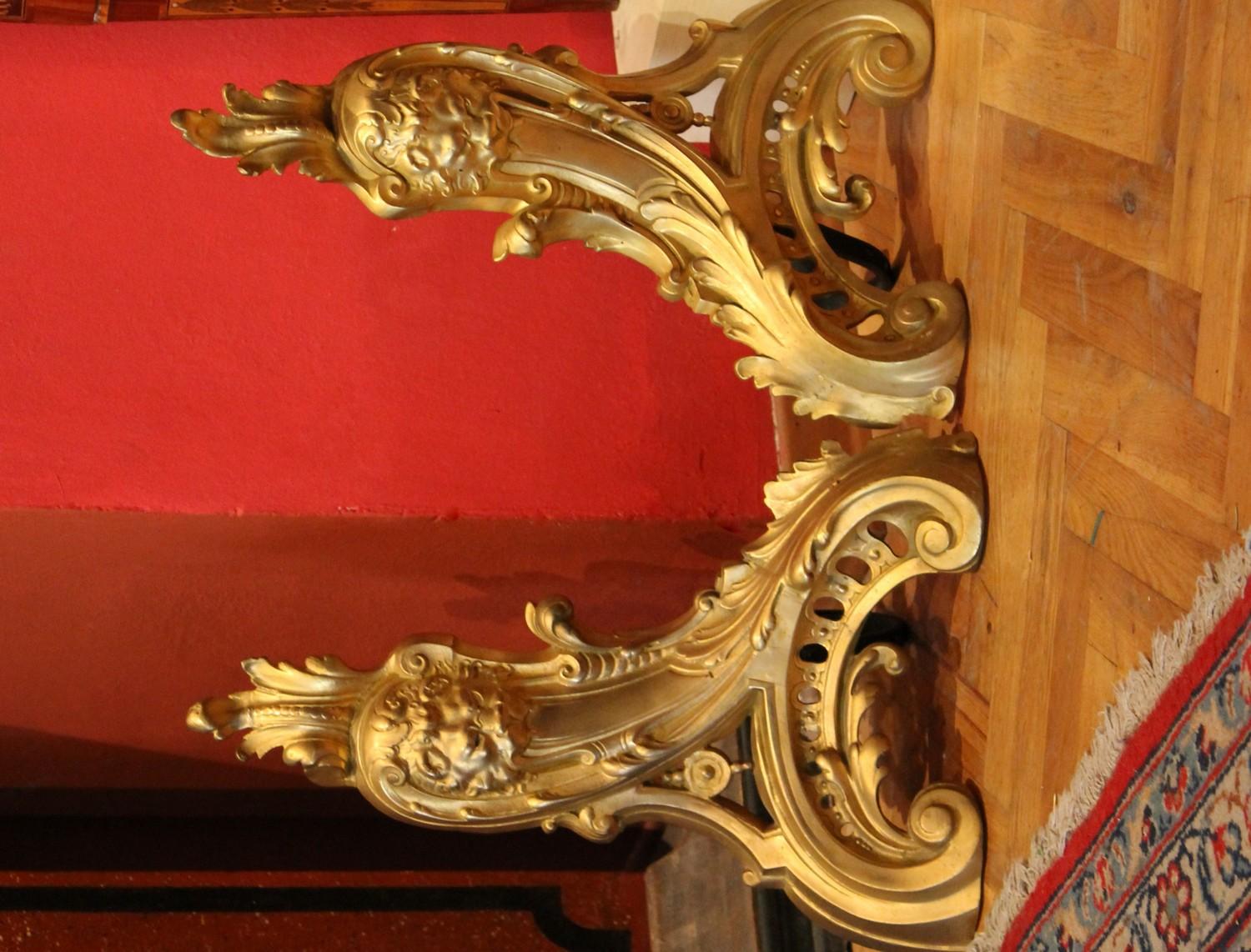 French 19th Century Louis XV Style Gilt Bronze Lions Head Fireplace Andirons For Sale 11