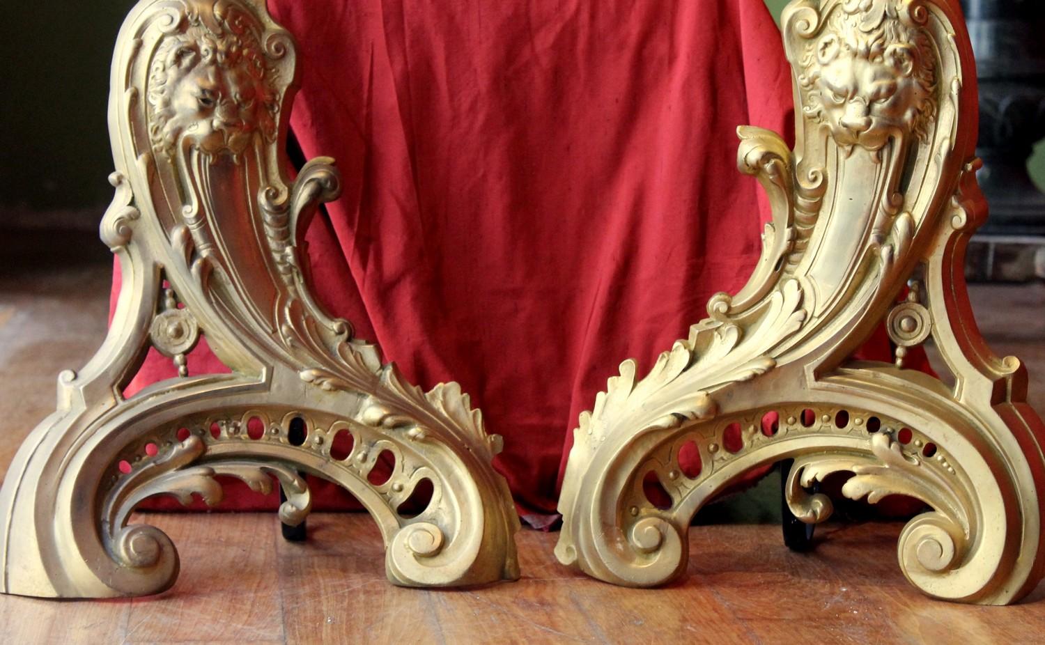 French 19th Century Louis XV Style Gilt Bronze Lions Head Fireplace Andirons For Sale 14