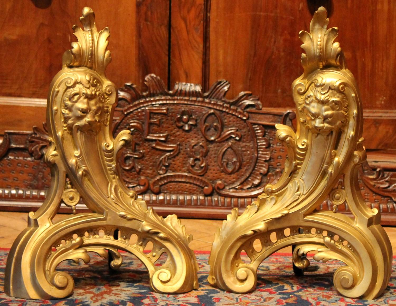 French 19th Century Louis XV Style Gilt Bronze Lions Head Fireplace Andirons For Sale 1