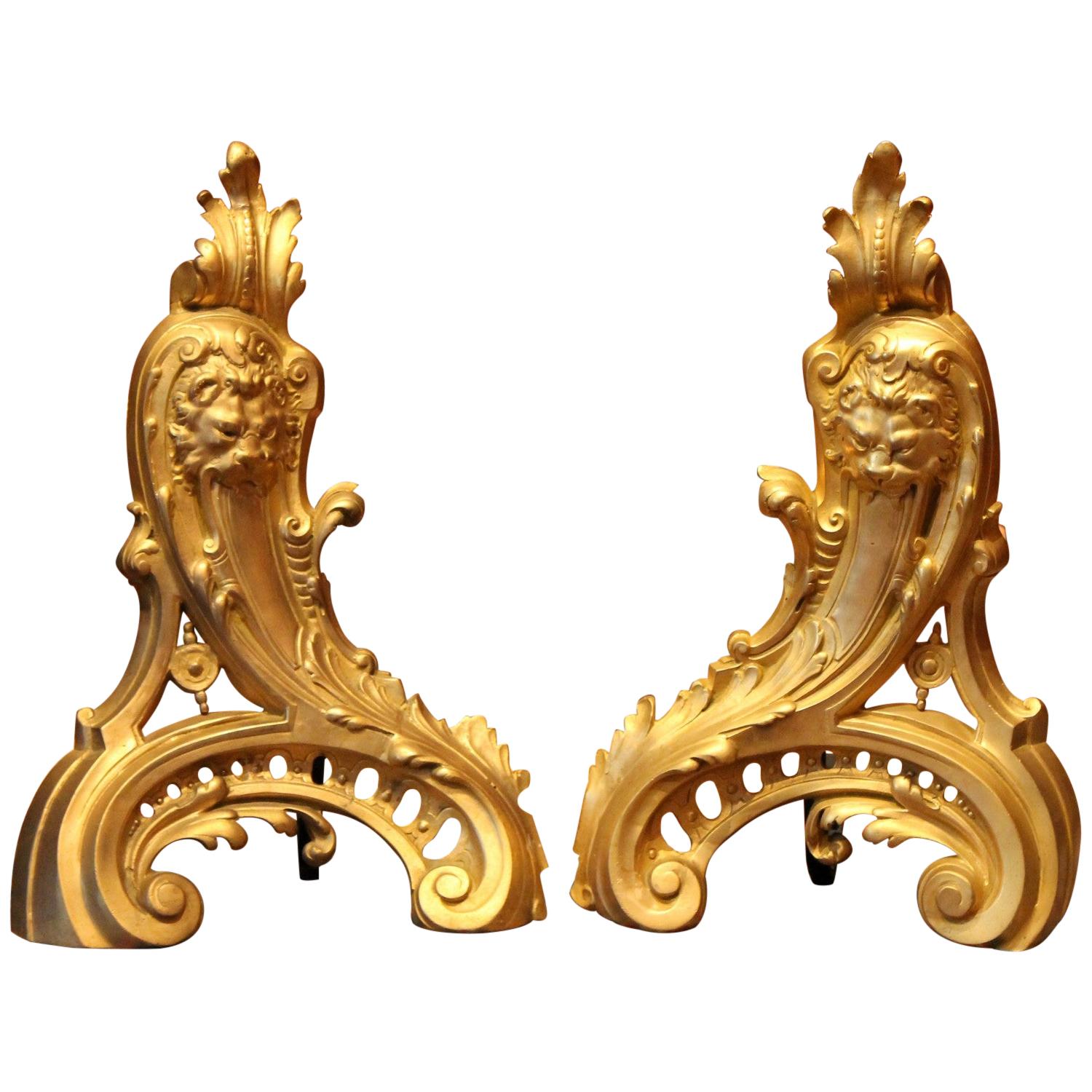 French 19th Century Louis XV Style Gilt Bronze Lions Head Fireplace Andirons For Sale