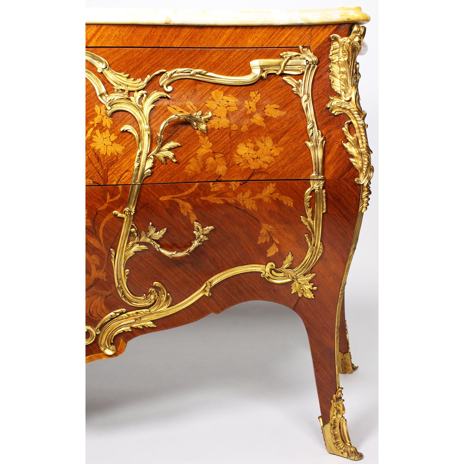 A 19th Century Louis XV Style Gilt-Bronze Mounted & Marquetry Bombé Commode In Fair Condition For Sale In Los Angeles, CA