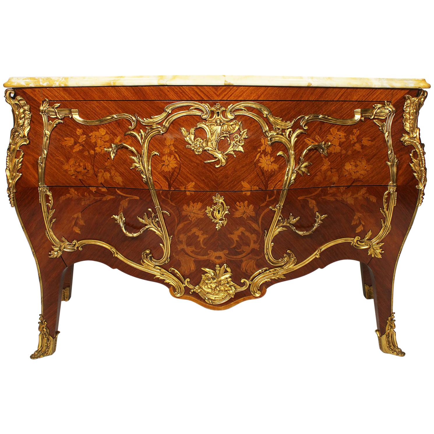 A 19th Century Louis XV Style Gilt-Bronze Mounted & Marquetry Bombé Commode
