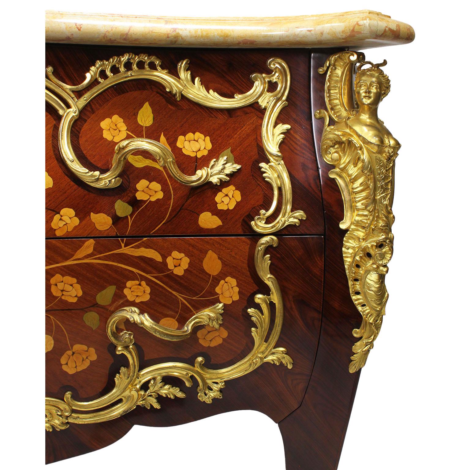 French 19th Century Louis XV Style Gilt Bronze-Mounted Marquetry Commodes, Pair For Sale 6