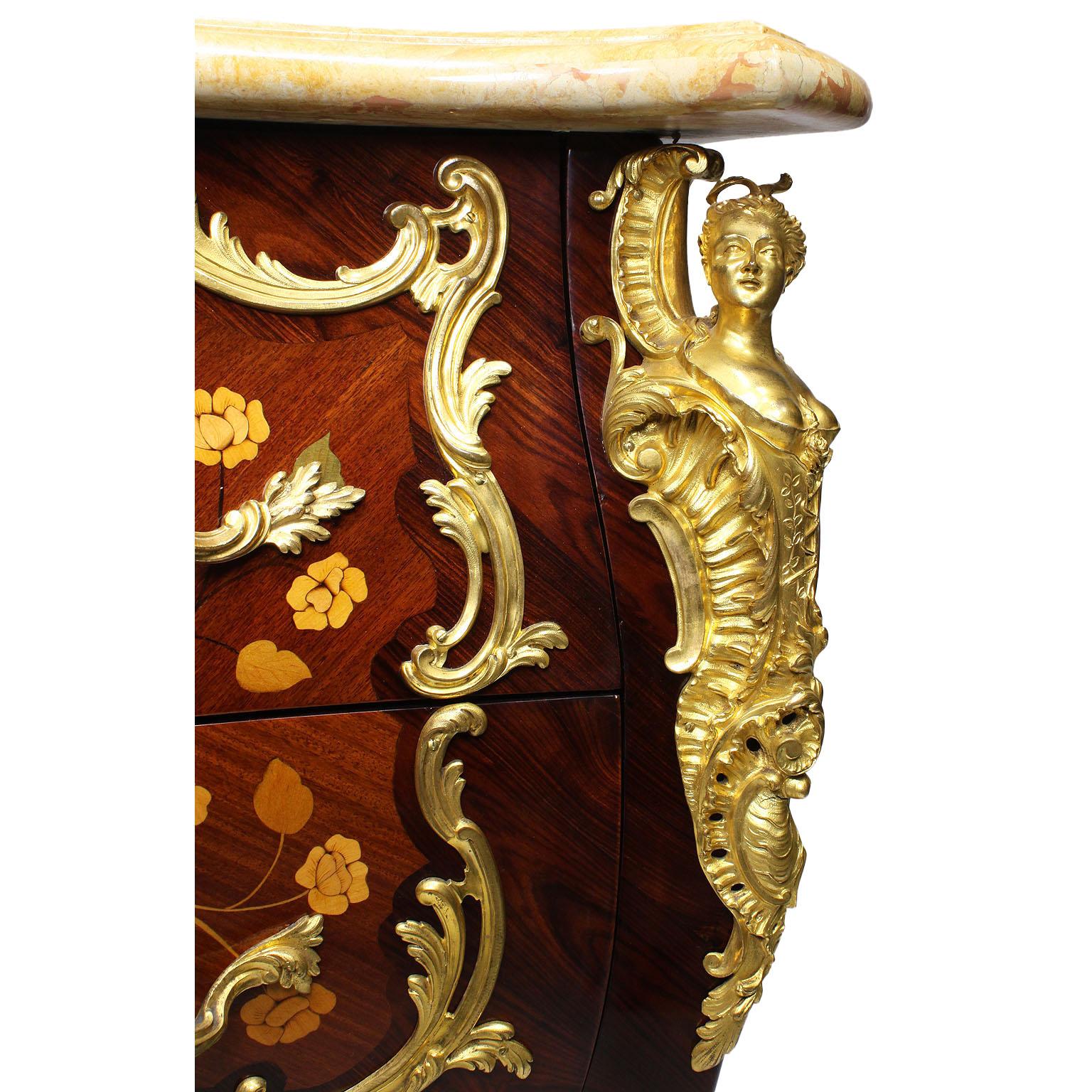 French 19th Century Louis XV Style Gilt Bronze-Mounted Marquetry Commodes, Pair For Sale 7