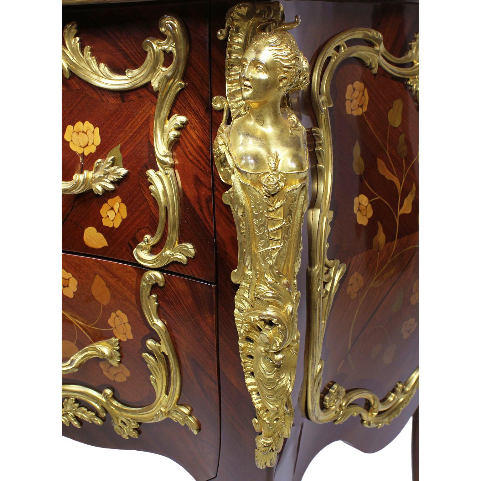 French 19th Century Louis XV Style Gilt Bronze-Mounted Marquetry Commodes, Pair For Sale 9
