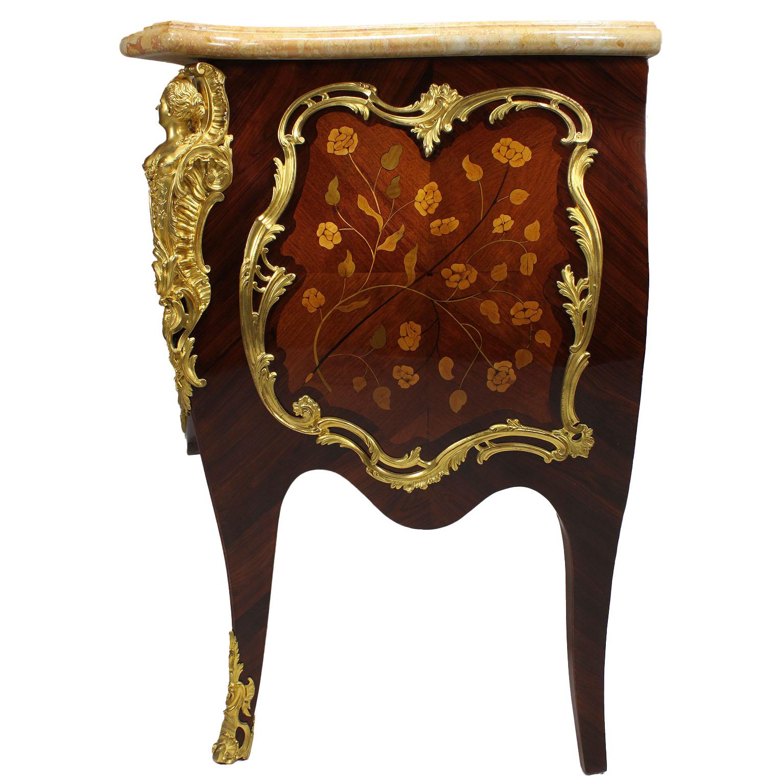French 19th Century Louis XV Style Gilt Bronze-Mounted Marquetry Commodes, Pair 10