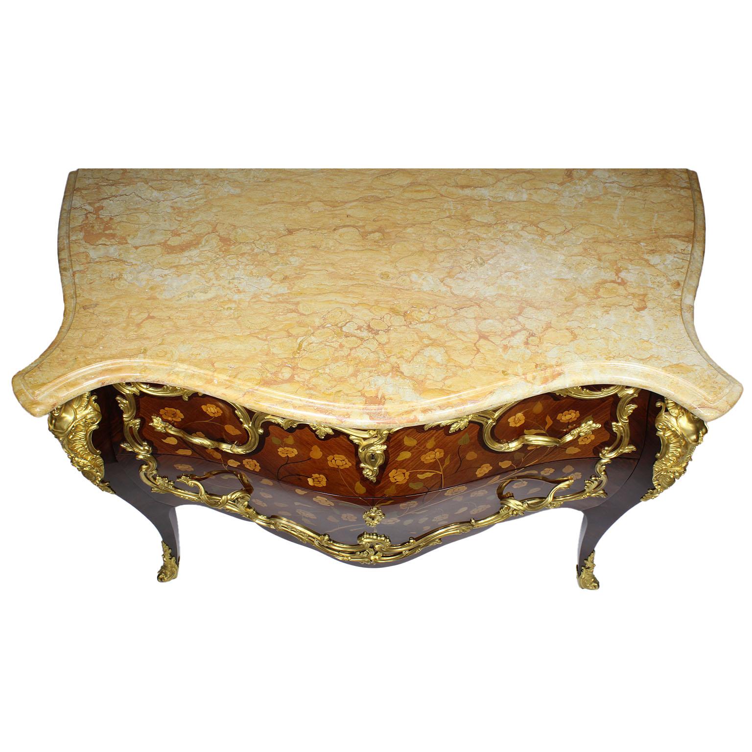 French 19th Century Louis XV Style Gilt Bronze-Mounted Marquetry Commodes, Pair For Sale 15