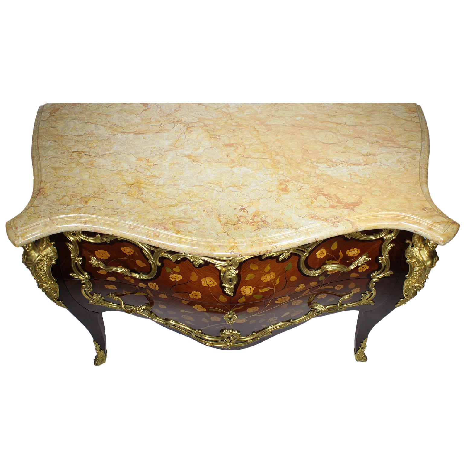 French 19th Century Louis XV Style Gilt Bronze-Mounted Marquetry Commodes, Pair For Sale 16
