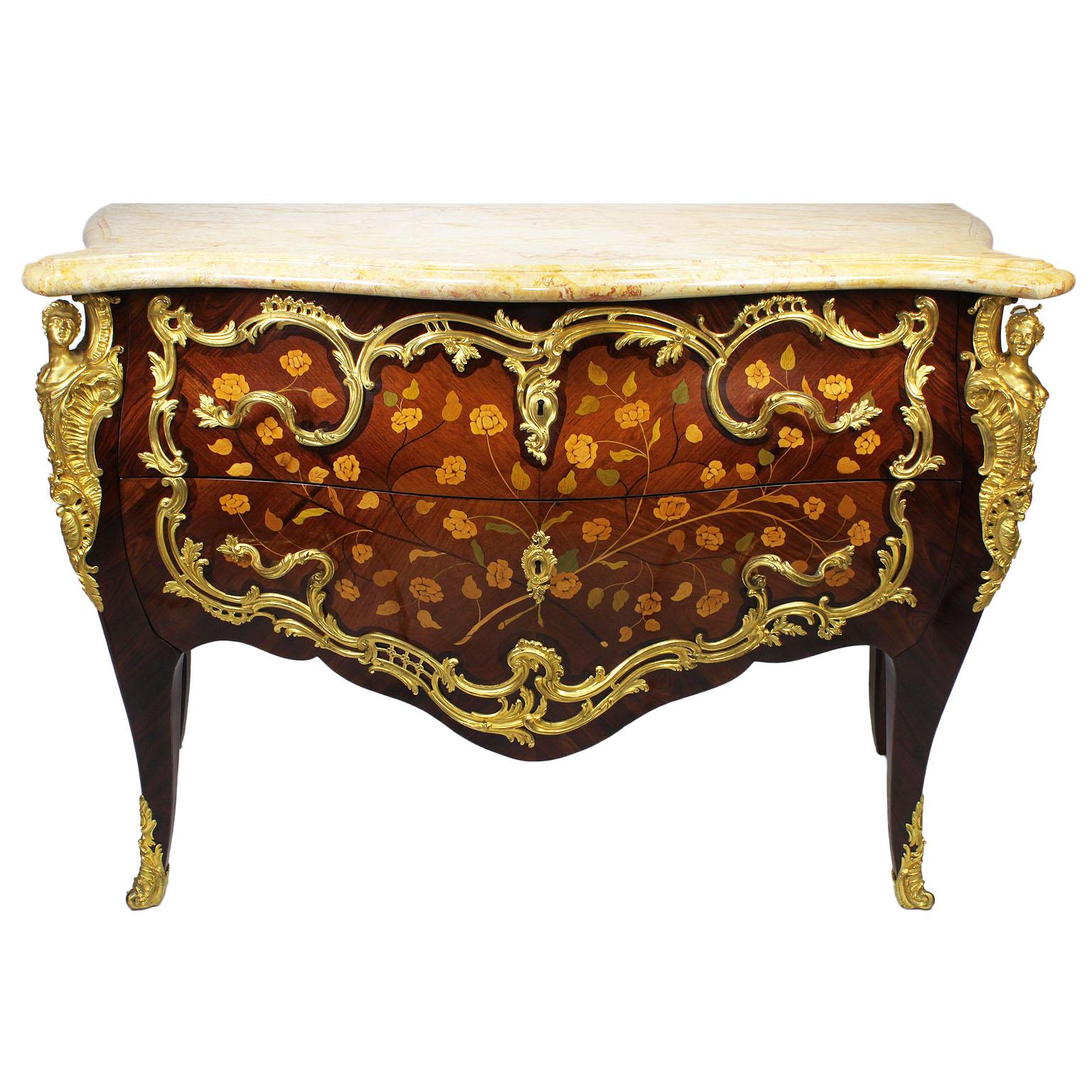 French 19th Century Louis XV Style Gilt Bronze-Mounted Marquetry Commodes, Pair In Good Condition For Sale In Los Angeles, CA