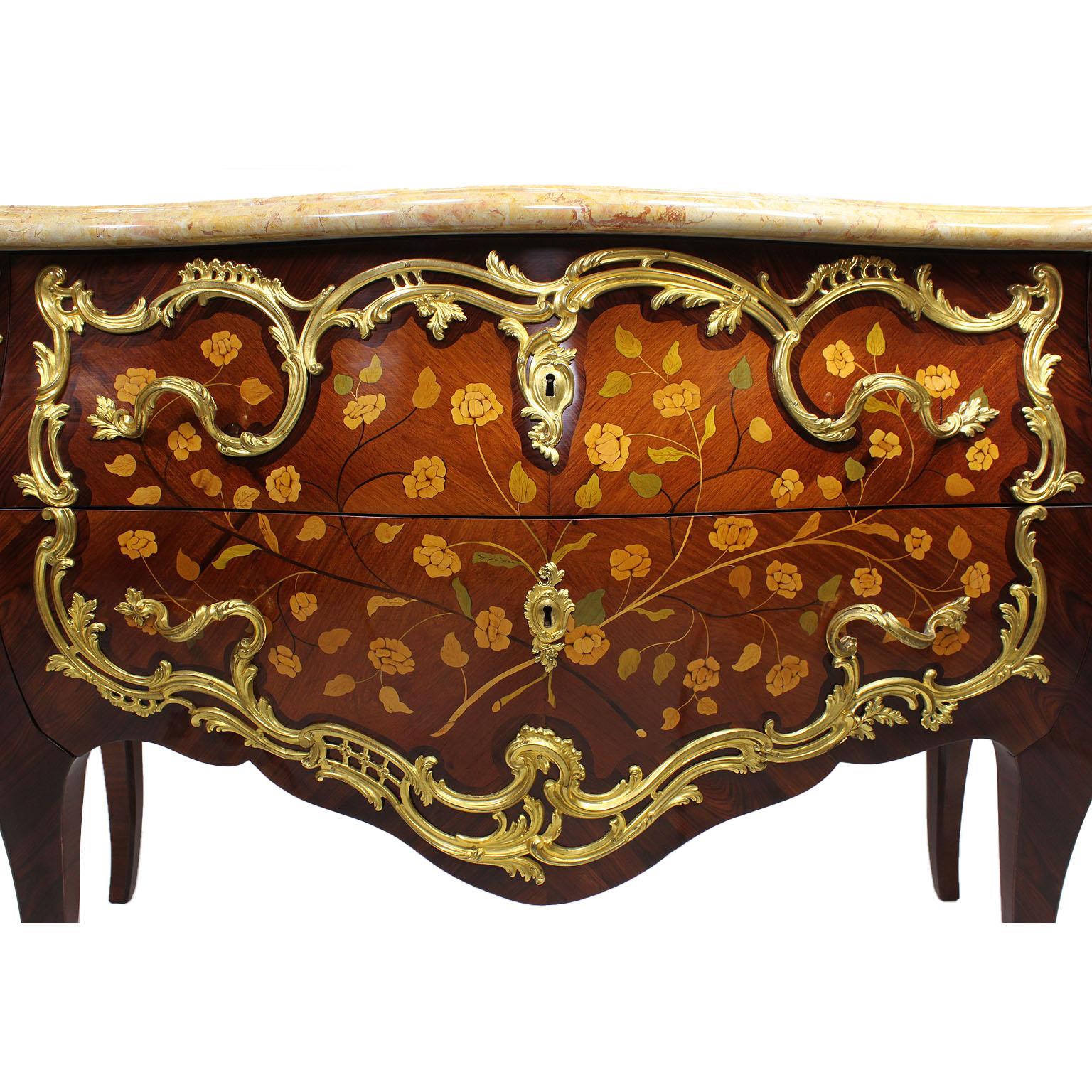 Marble French 19th Century Louis XV Style Gilt Bronze-Mounted Marquetry Commodes, Pair For Sale