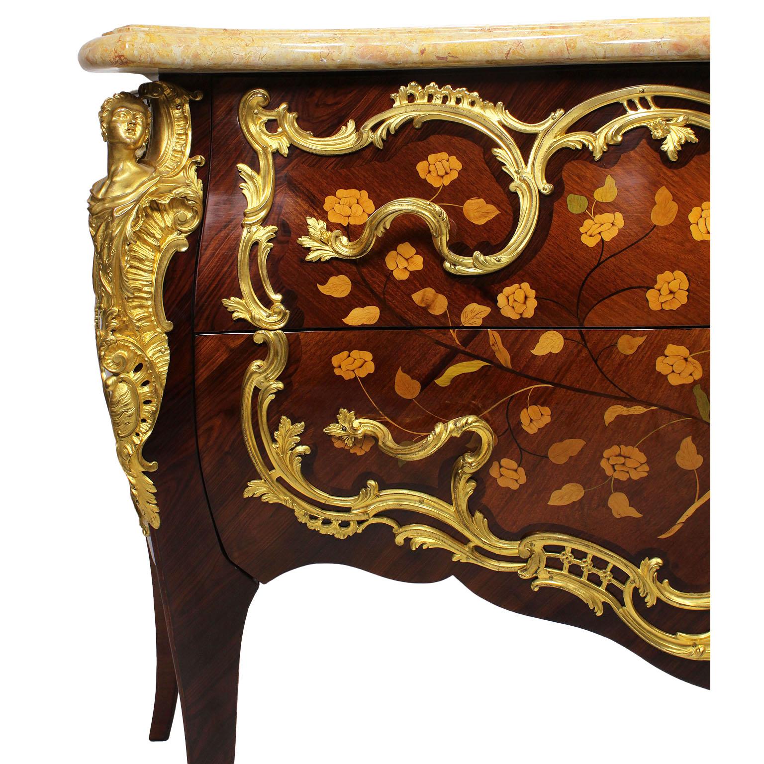 French 19th Century Louis XV Style Gilt Bronze-Mounted Marquetry Commodes, Pair For Sale 3