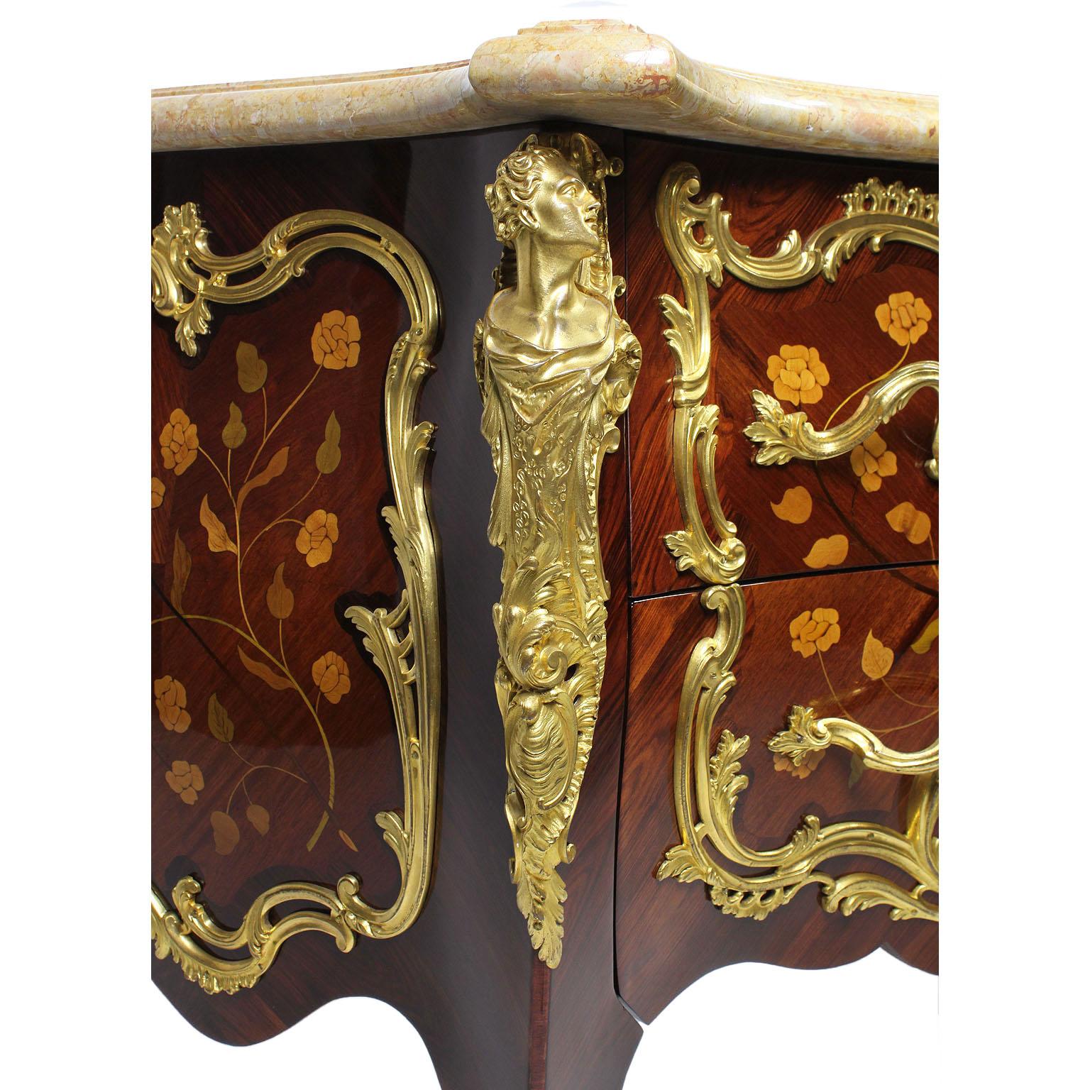 French 19th Century Louis XV Style Gilt Bronze-Mounted Marquetry Commodes, Pair For Sale 5