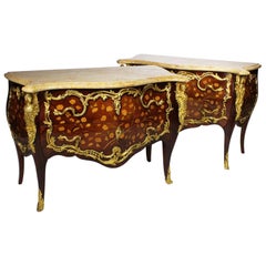 French 19th Century Louis XV Style Gilt Bronze-Mounted Marquetry Commodes, Pair