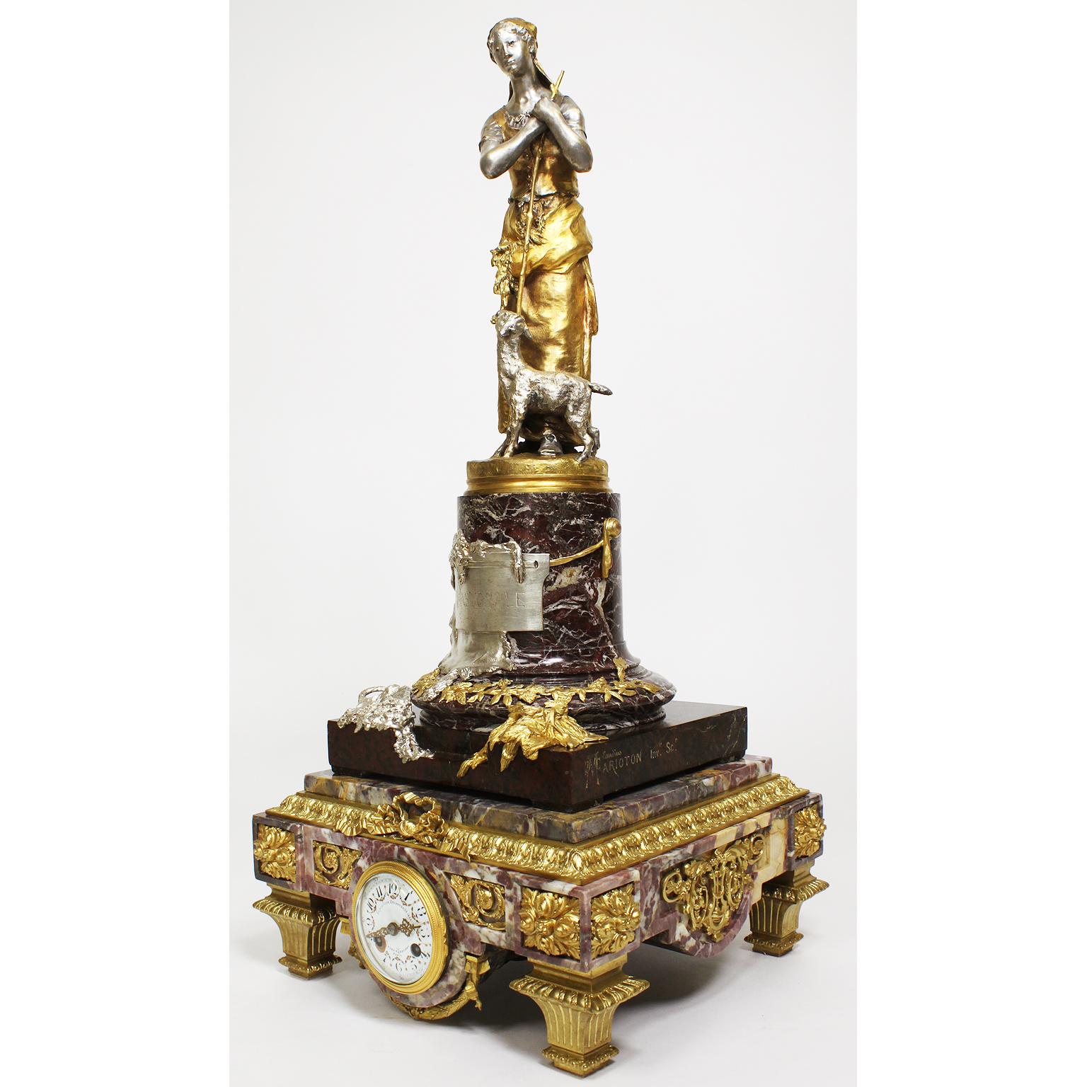A very fine French 19th century Louis XV style gilt and silver plated bronze and two-tone marble figural mantel clock titled 