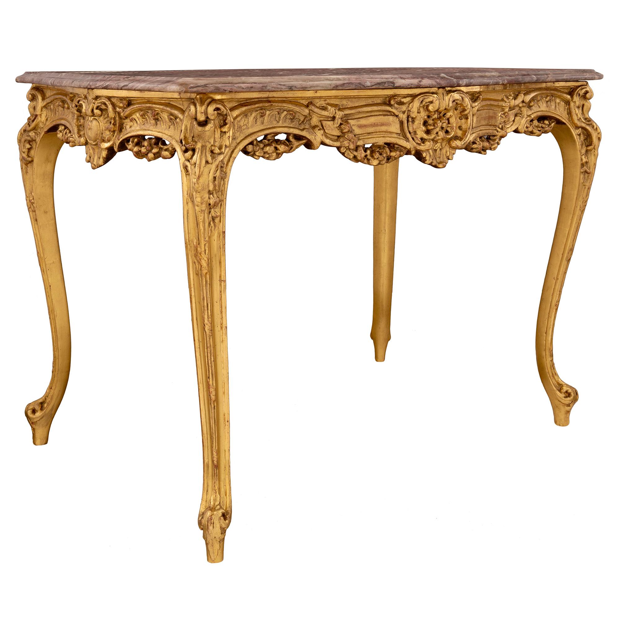 French 19th Century Louis XV Style Giltwood and Marble Center Table In Good Condition For Sale In West Palm Beach, FL