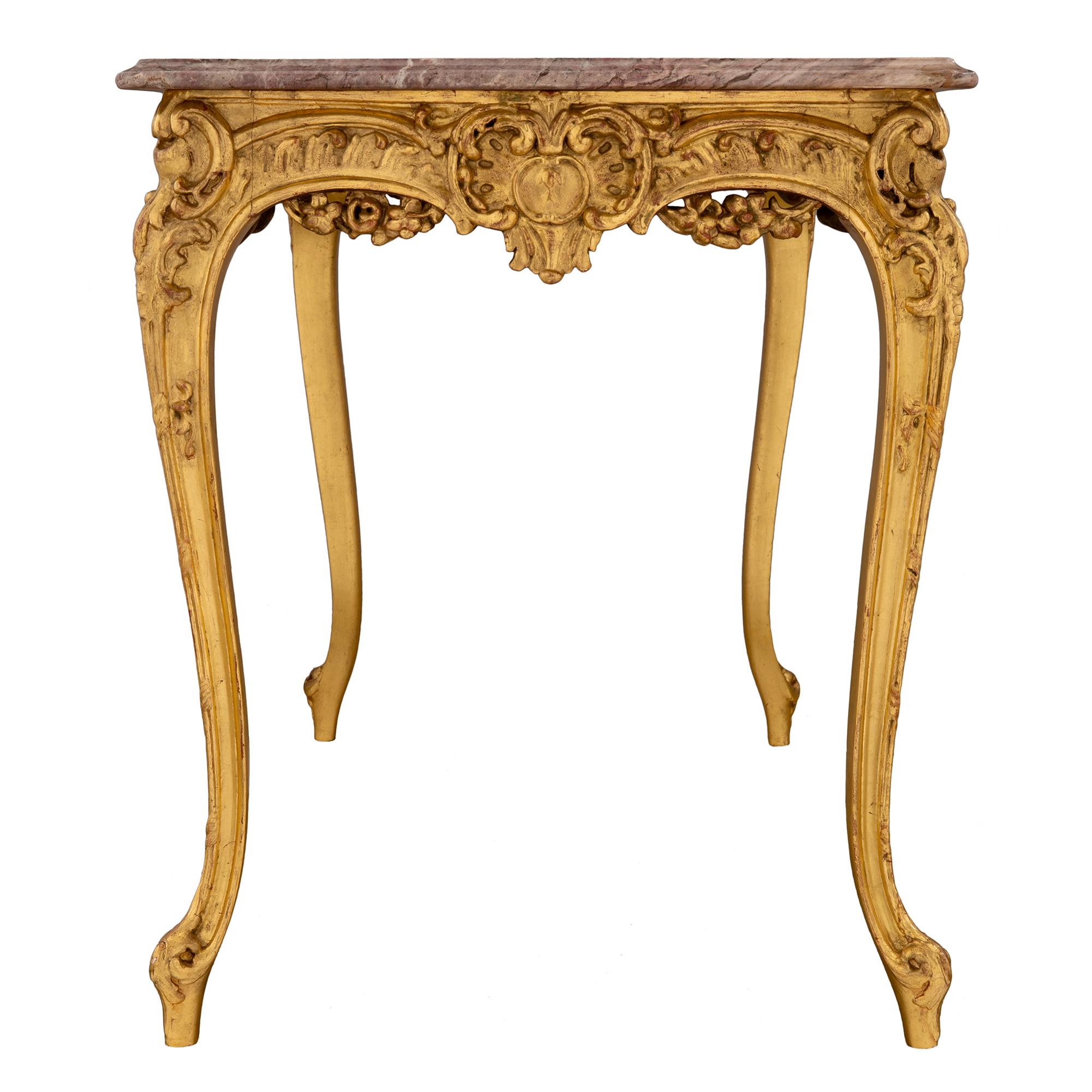 French 19th Century Louis XV Style Giltwood and Marble Center Table For Sale 1