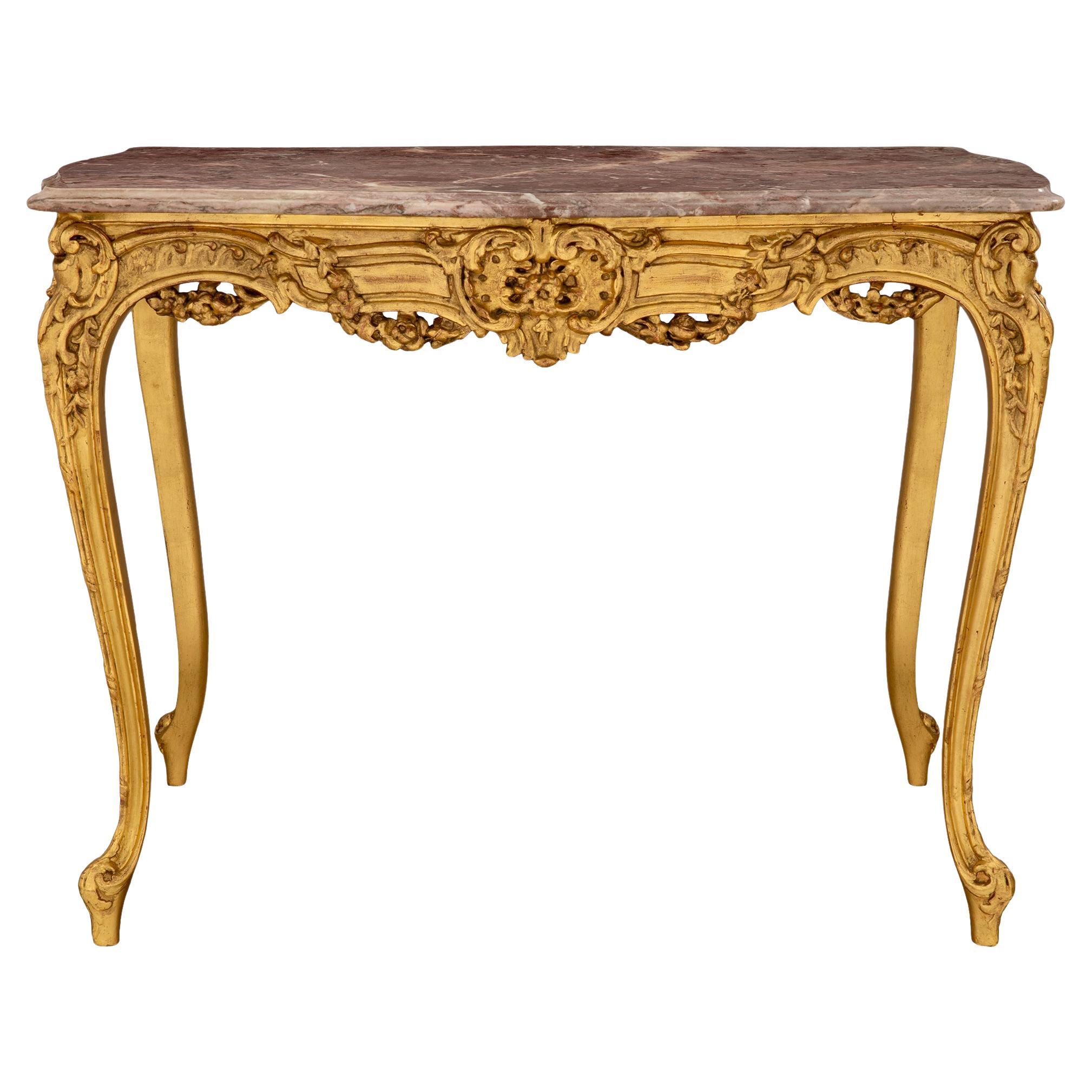 French 19th Century Louis XV Style Giltwood and Marble Center Table