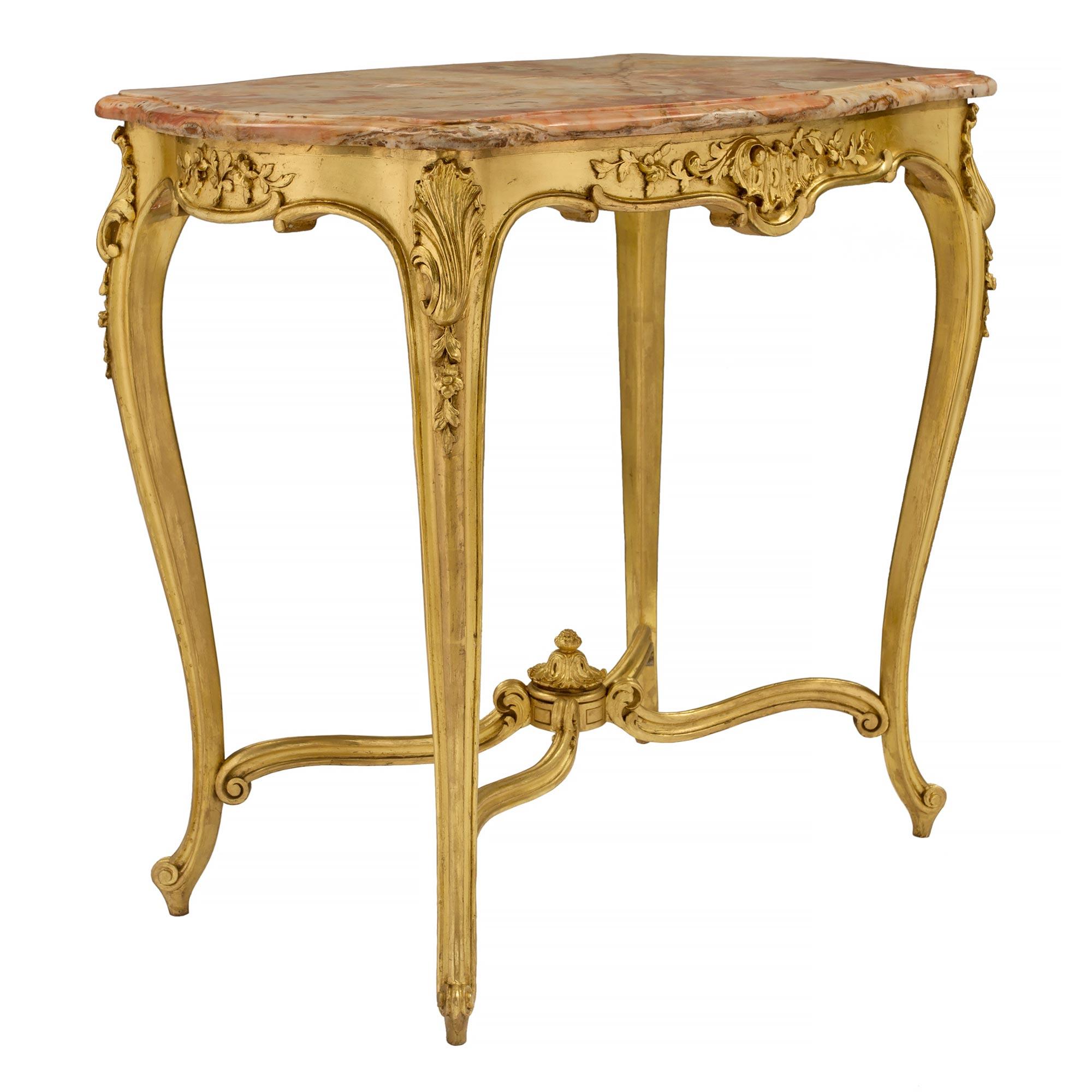 French 19th Century Louis XV Style Giltwood and Marble Side/Center Table In Good Condition For Sale In West Palm Beach, FL