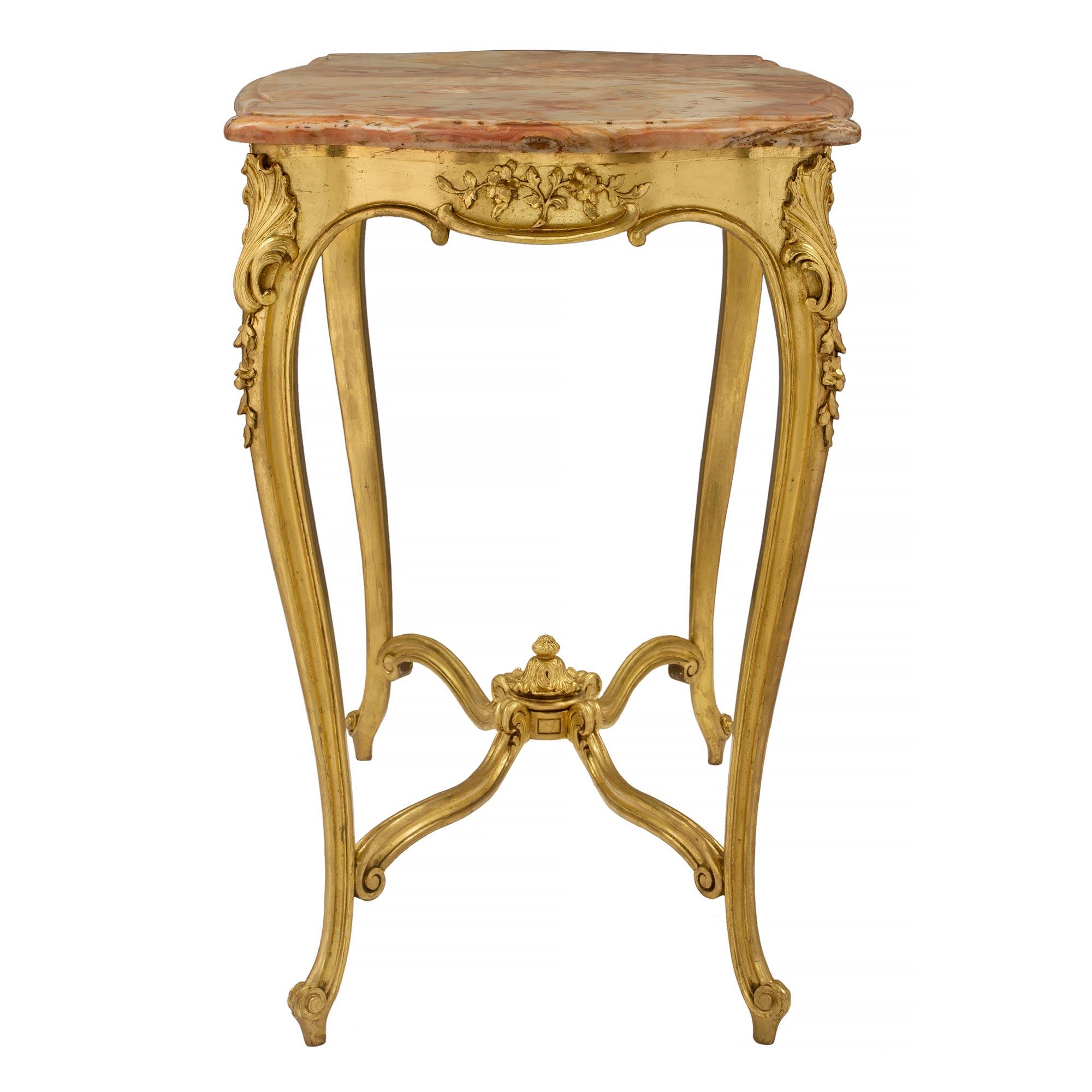 Onyx French 19th Century Louis XV Style Giltwood and Marble Side/Center Table For Sale