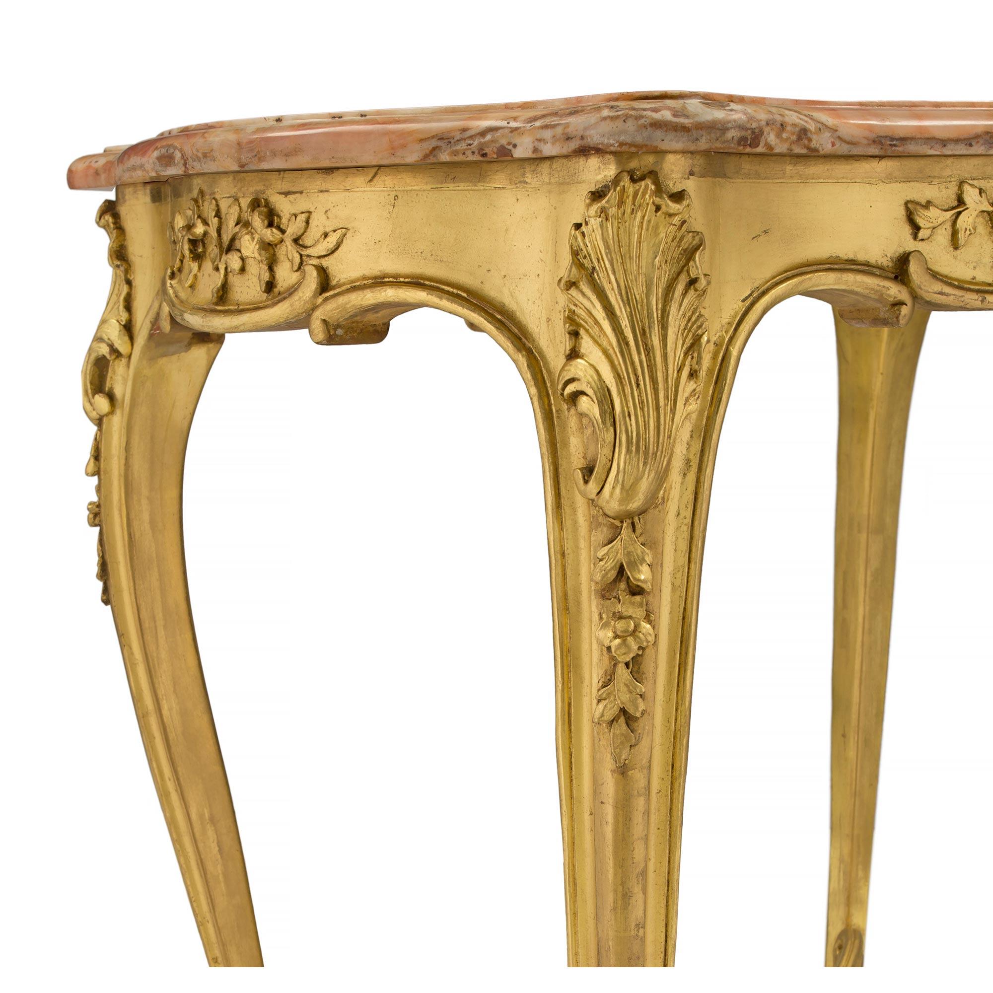 French 19th Century Louis XV Style Giltwood and Marble Side/Center Table For Sale 1
