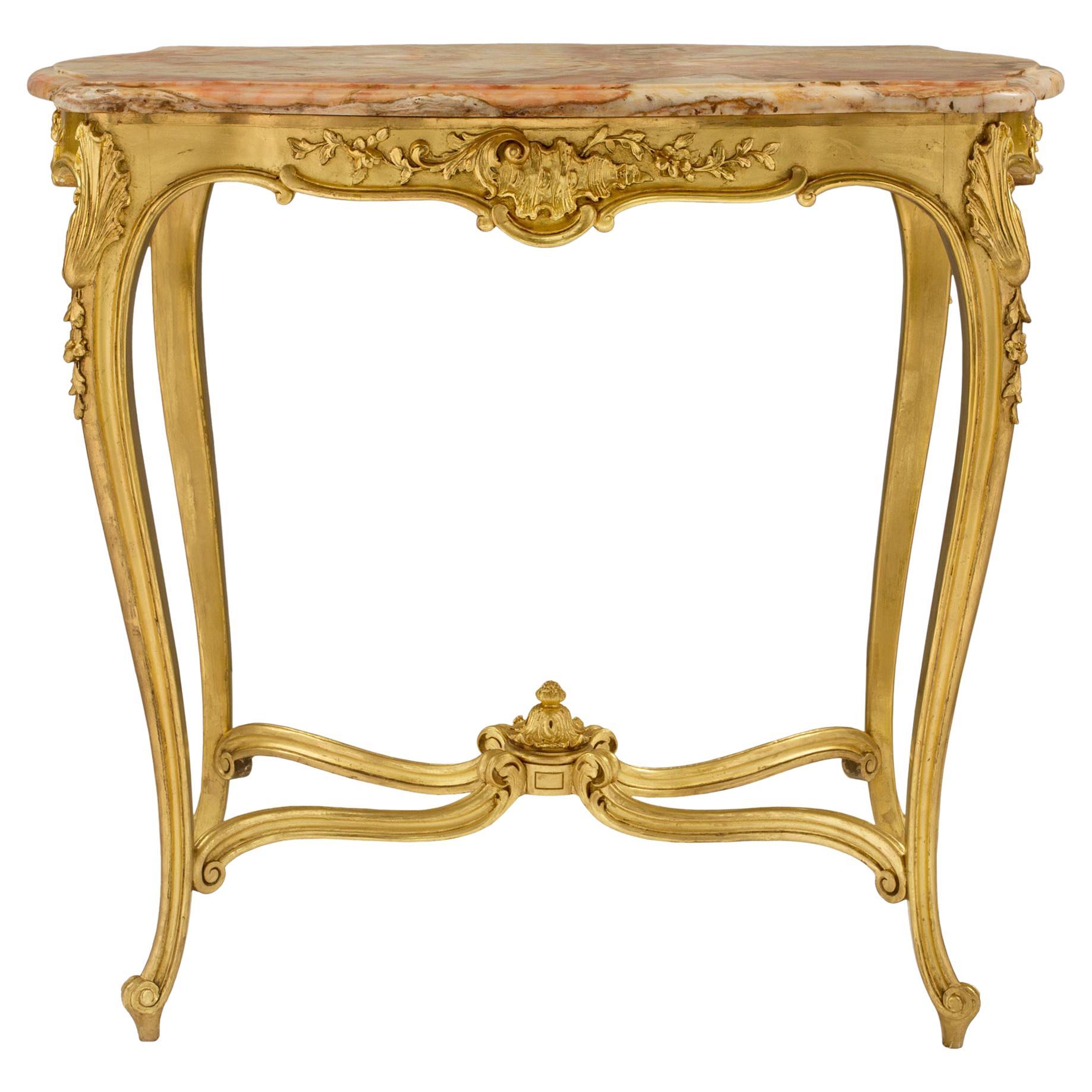 Beistell-/Mitteltisch aus vergoldetem Holz und Marmor im Louis XV.-Stil des 19. Jahrhunderts