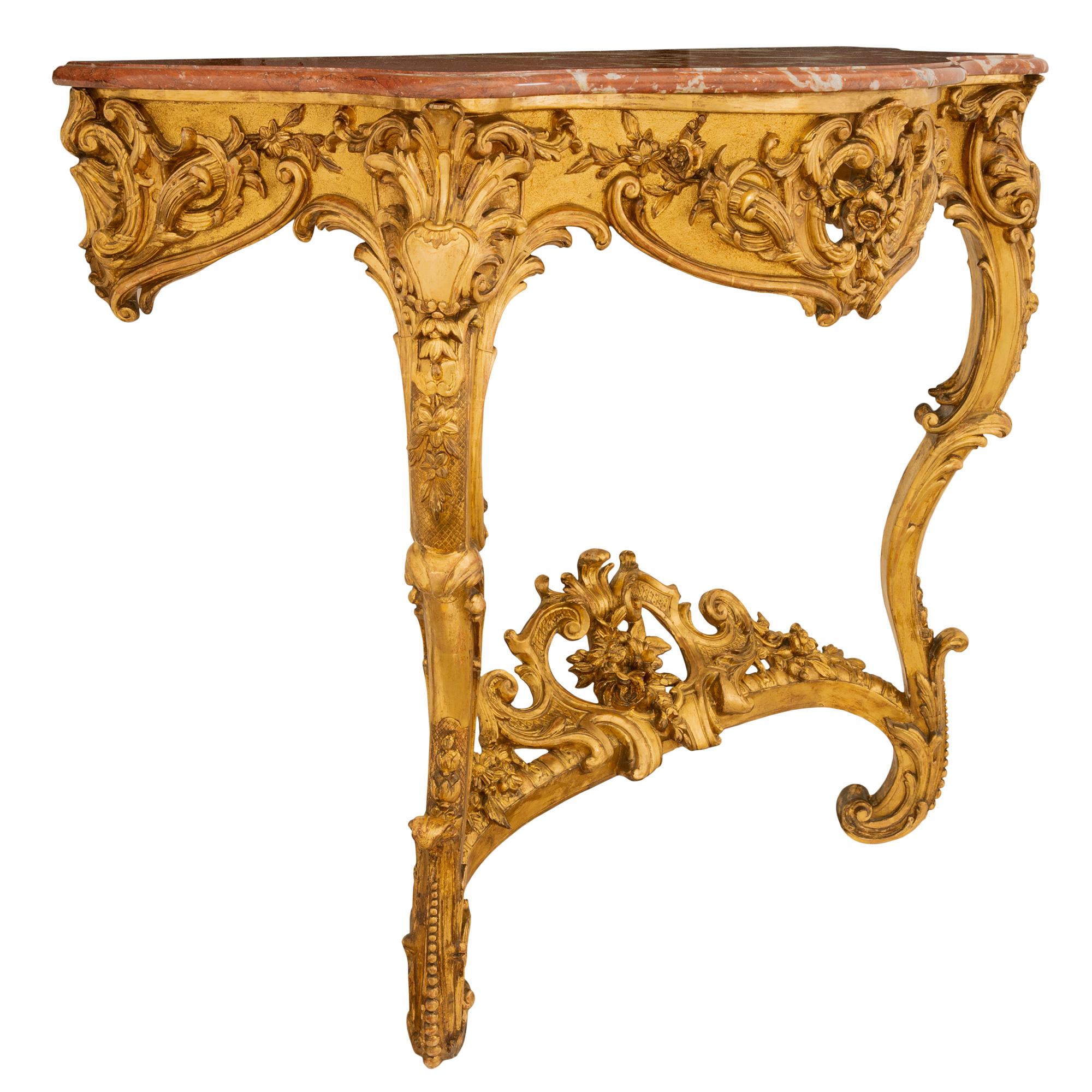 French 19th Century Louis XV Style Giltwood and Marble Wall-Mounted Console In Good Condition For Sale In West Palm Beach, FL