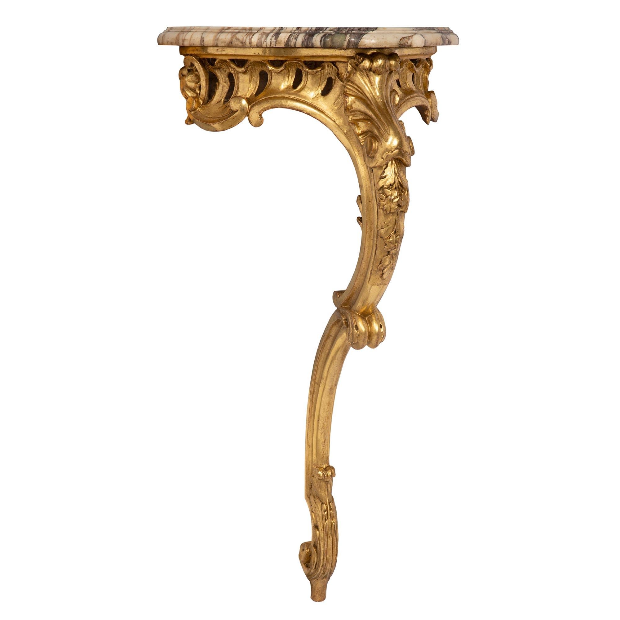 French 19th Century Louis XV Style Giltwood and Marble Wall Mounted Console In Good Condition For Sale In West Palm Beach, FL
