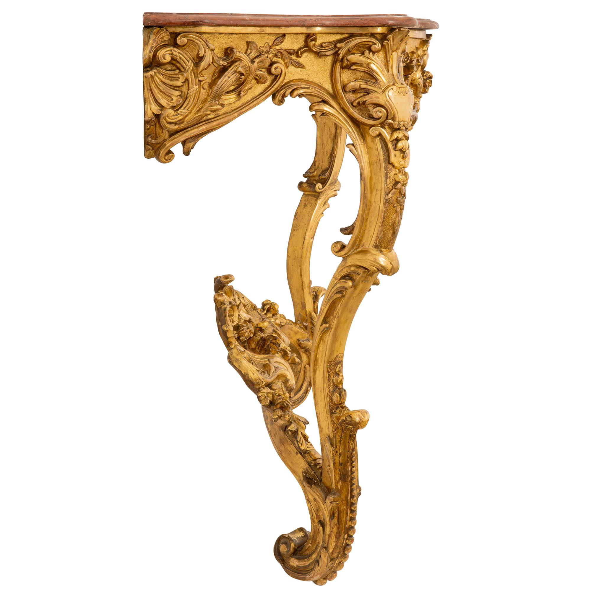 French 19th Century Louis XV Style Giltwood and Marble Wall-Mounted Console For Sale 1