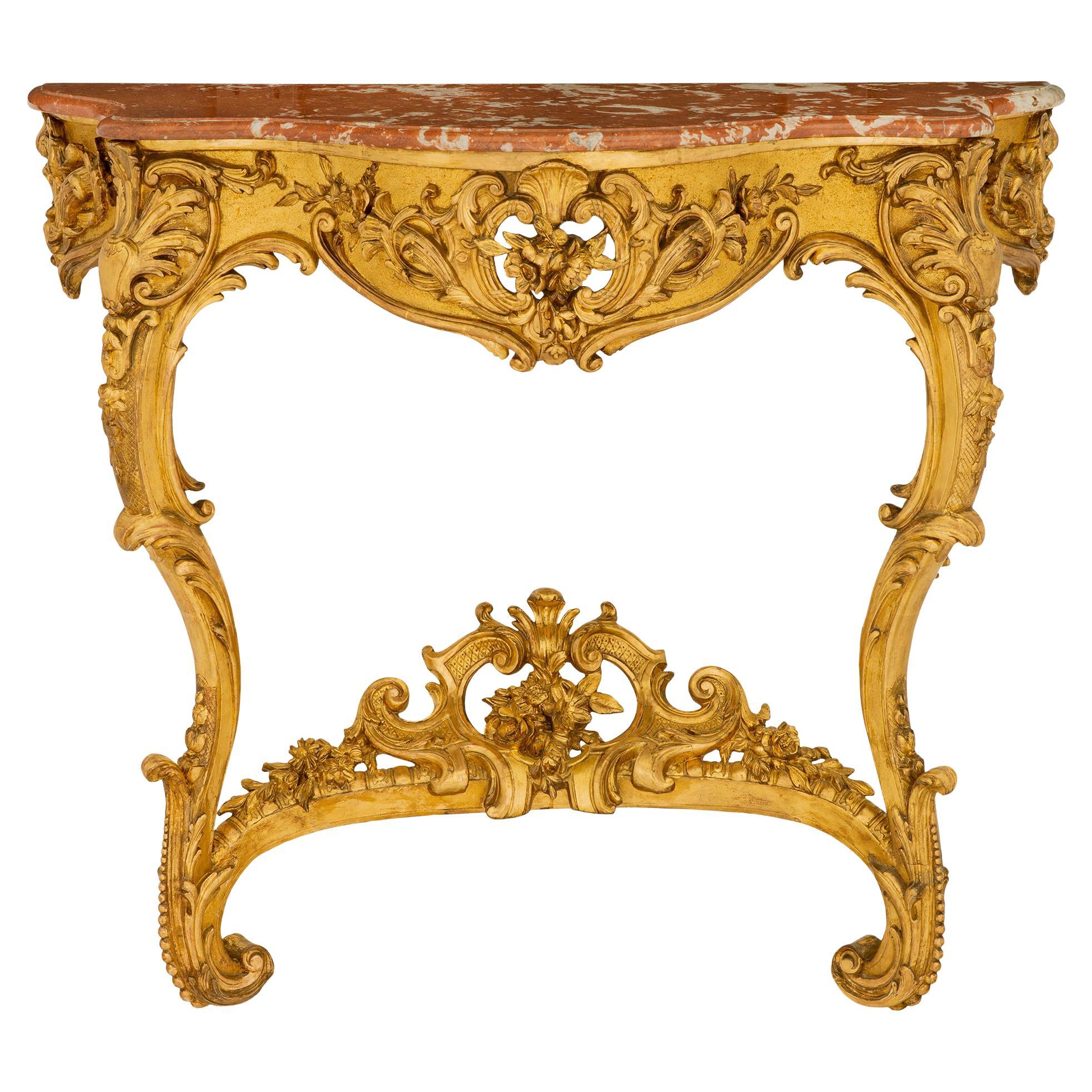 French 19th Century Louis XV Style Giltwood and Marble Wall-Mounted Console