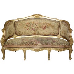 French 19th Century Louis XV Style Giltwood Carved Aubusson 5-Piece Salon Suite
