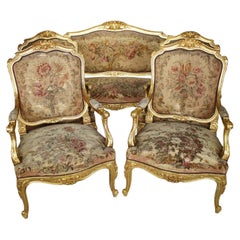 French 19th Century Louis XV Style Giltwood Carved Aubusson 5-Piece Salon Suite