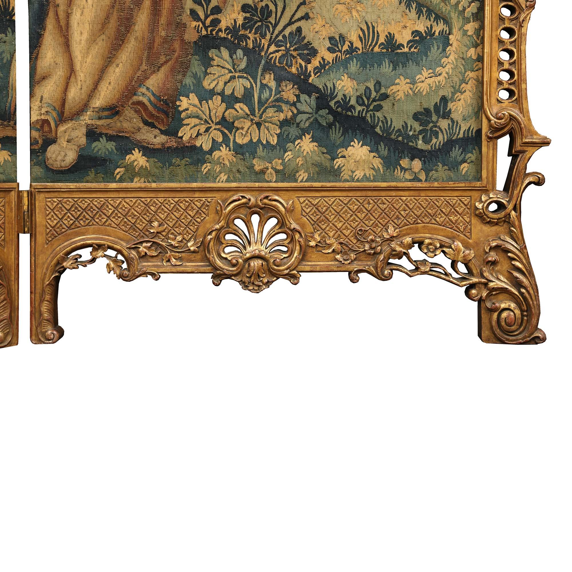 18th Century and Earlier French 19th Century Louis XV Style Giltwood Four Paneled Screen For Sale