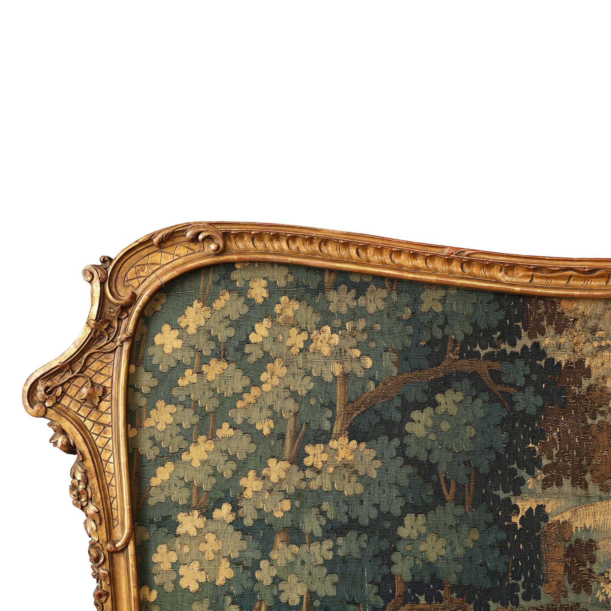 Tapestry French 19th Century Louis XV Style Giltwood Four Paneled Screen For Sale