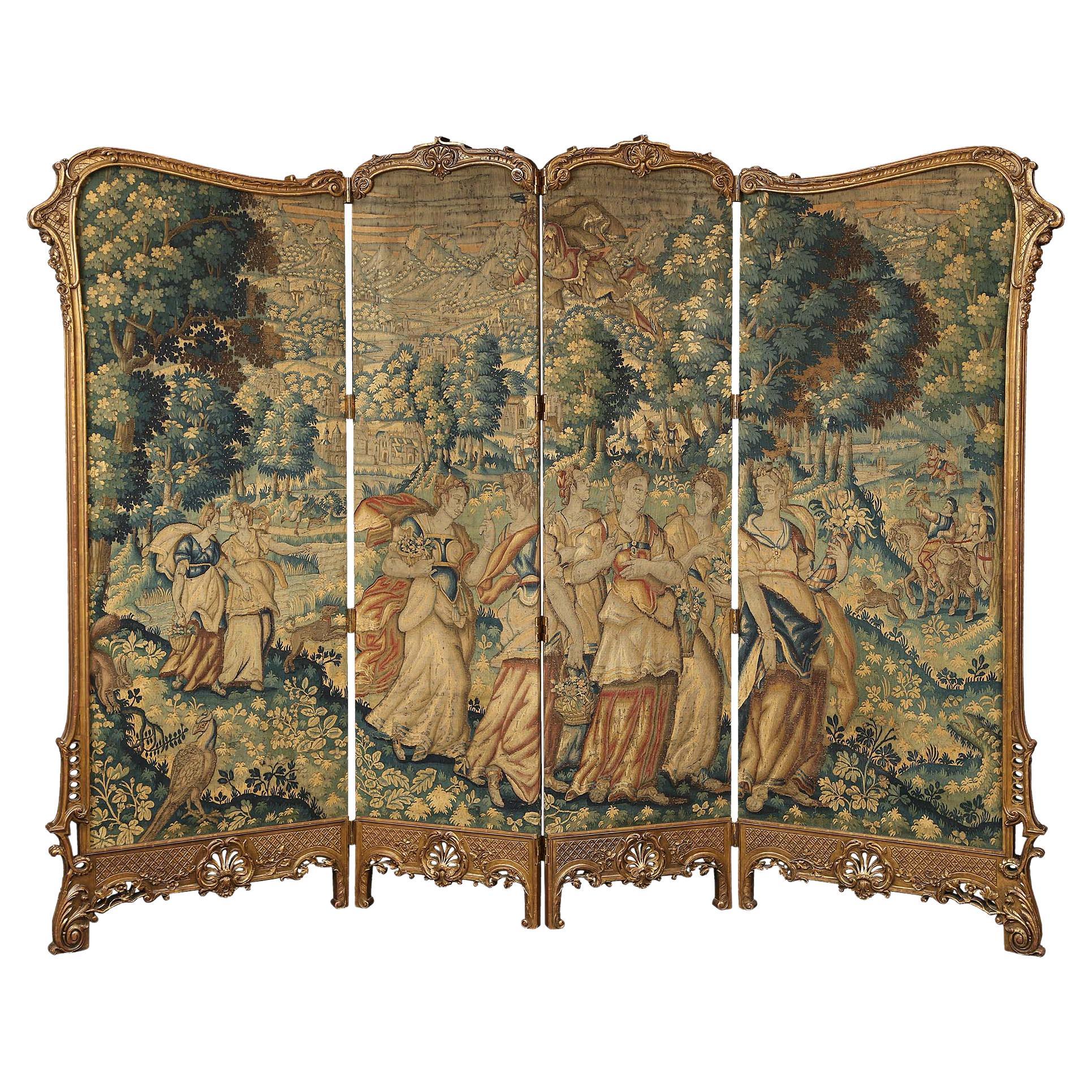 French 19th Century Louis XV Style Giltwood Four Paneled Screen